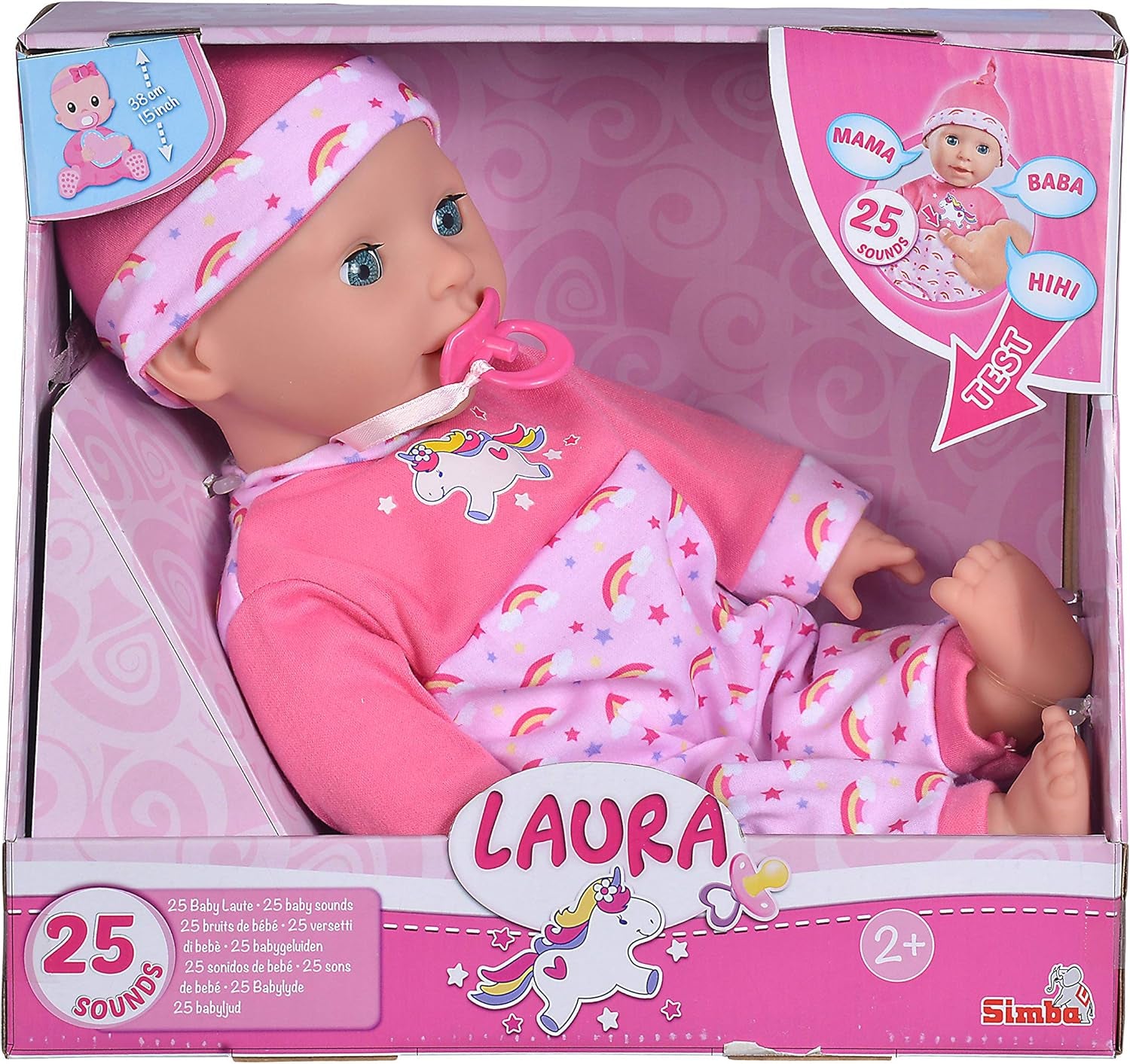 Simba 105140060 - Laura Kitzel Baby, Weichkörperpuppe mit Regenbogenstrampler, power 25 Babylute, 38cm, Babypuppe ab 2 Jahre