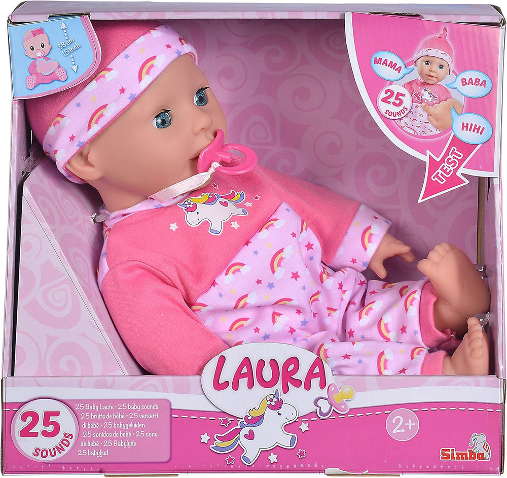 Simba 105140060 - Laura Kitzel Baby, Weichkörperpuppe mit Regenbogenstrampler, power 25 Babylute, 38cm, Babypuppe ab 2 Jahre