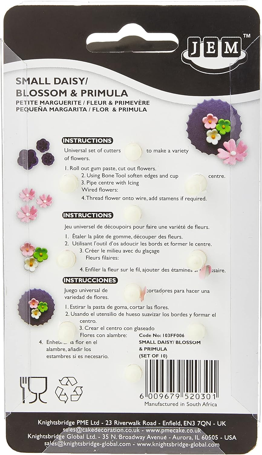 103FF006 Forme de biscuiți Jem pentru margarete/flori mici și primule, asortate, plastic, fildeș, 9 x 1 x 16 cm, 10 bucăți