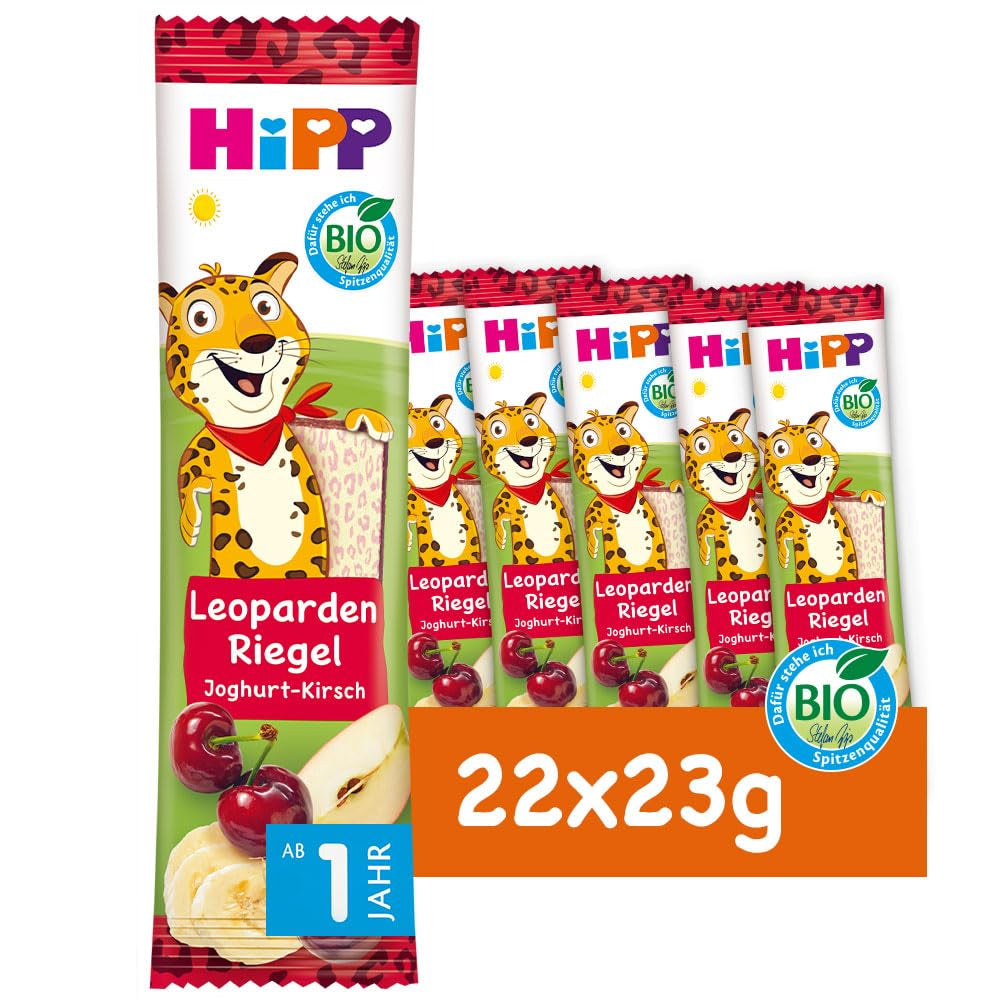 HiPP Leopardbarer med yoghurt og kirsebær i banan (22 x 23g), fra 1 år, kun sødet med frugt, af bedste økologiske kvalitet