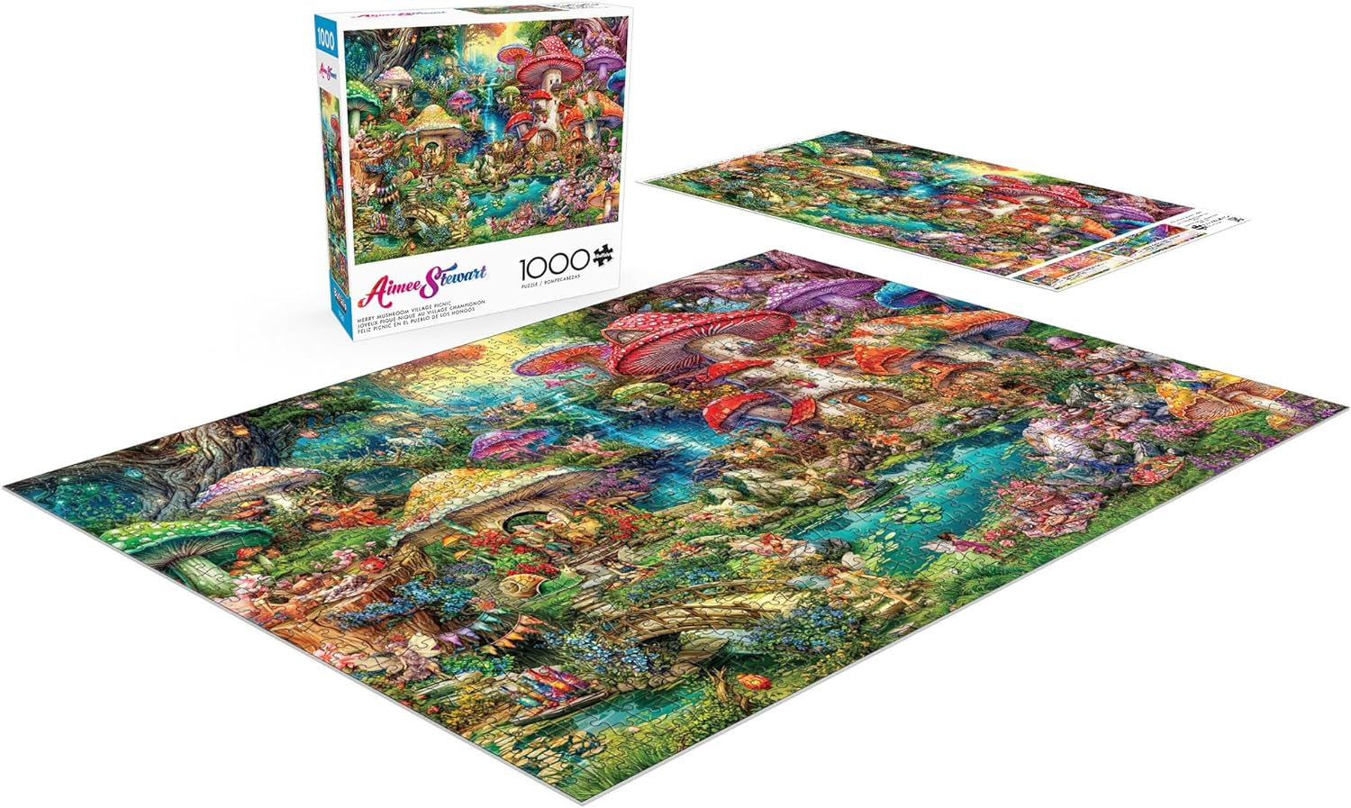 Buffalo Games - Aimee Stewart - Merry Mushroom Village Picnic - 1000 brikker for voksne, udfordrende puslespil, perfekt til spilaftener - færdiglavet størrelse 26,75 X 19,75 cm Puslespil Naty Shop