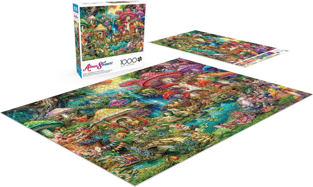 Buffalo Games - Aimee Stewart - Merry Mushroom Village Picnic - 1000 brikker for voksne, udfordrende puslespil, perfekt til spilaftener - færdiglavet størrelse 26,75 X 19,75 cm Puslespil Naty Shop
