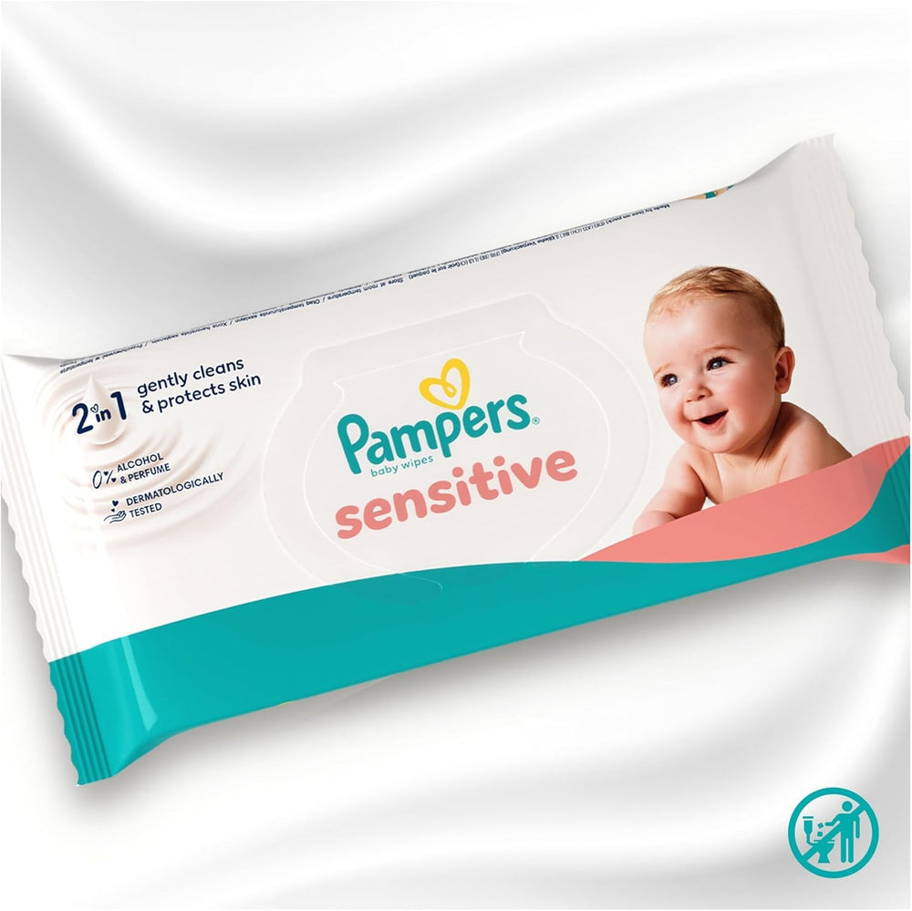 Pampers Sensitive babyservietter, 15 pakke med 80 servietter, 1200 babyservietter, 2-i-1 skånsom rensning og hudbeskyttelse