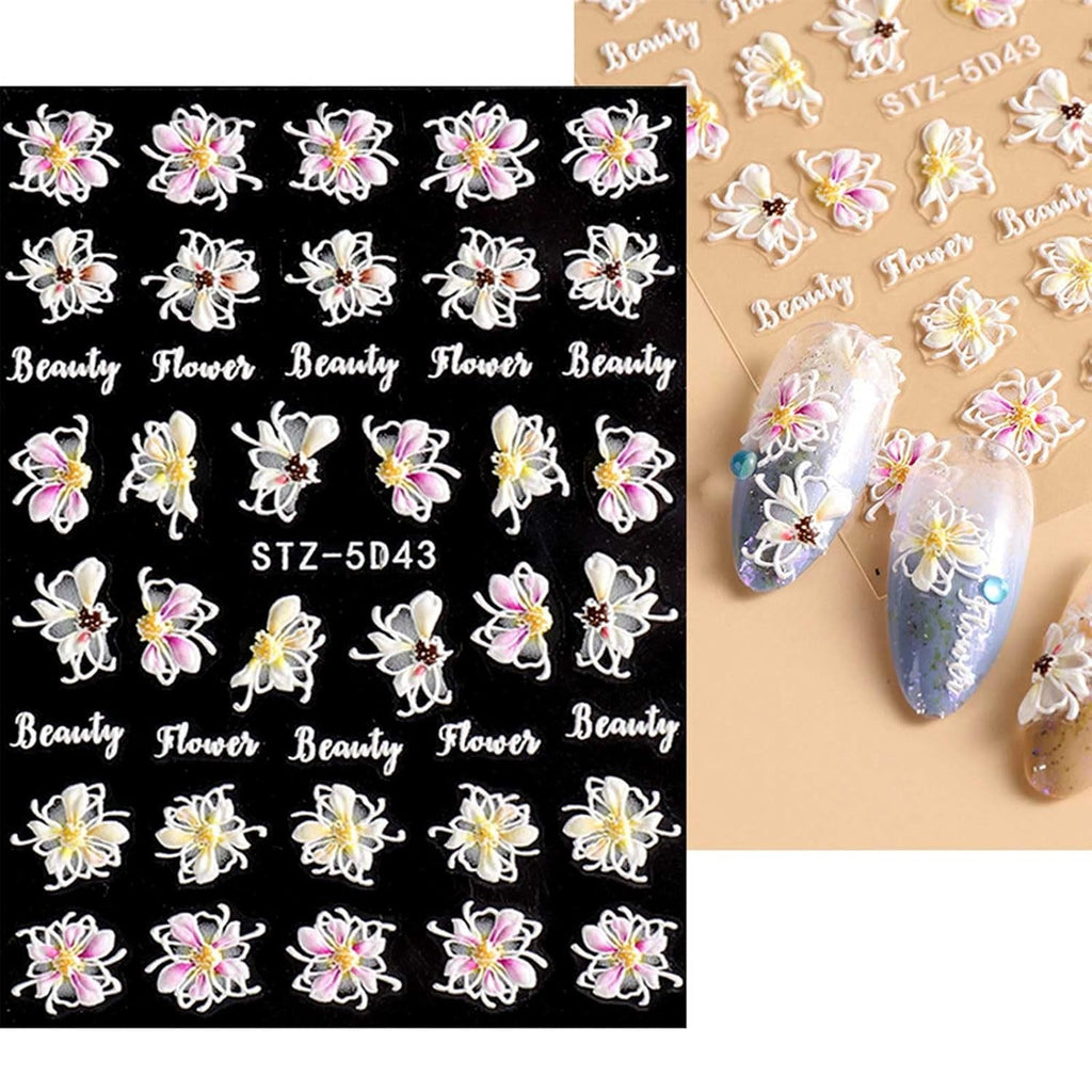 JMEOWIO 3D Nagelsticker Frühling Blume Nail Art Sticker Selbstklebend Nagelaufkleber 5D Stereoskopisch Buntes Sommer Blumen Dekoration Nageldesign Zubehör 4 Blatt