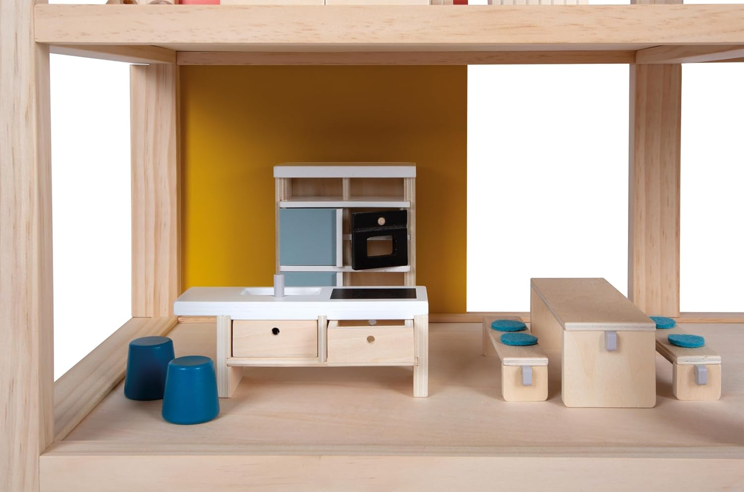 Lille fod, naturlig farve trædukkehus - 3-etagers med tagterrasse og 51-delt møbelsæt tilskynder til kreativ leg, velegnet til alderen 3+ 12541 Naty Shop dukkehuse