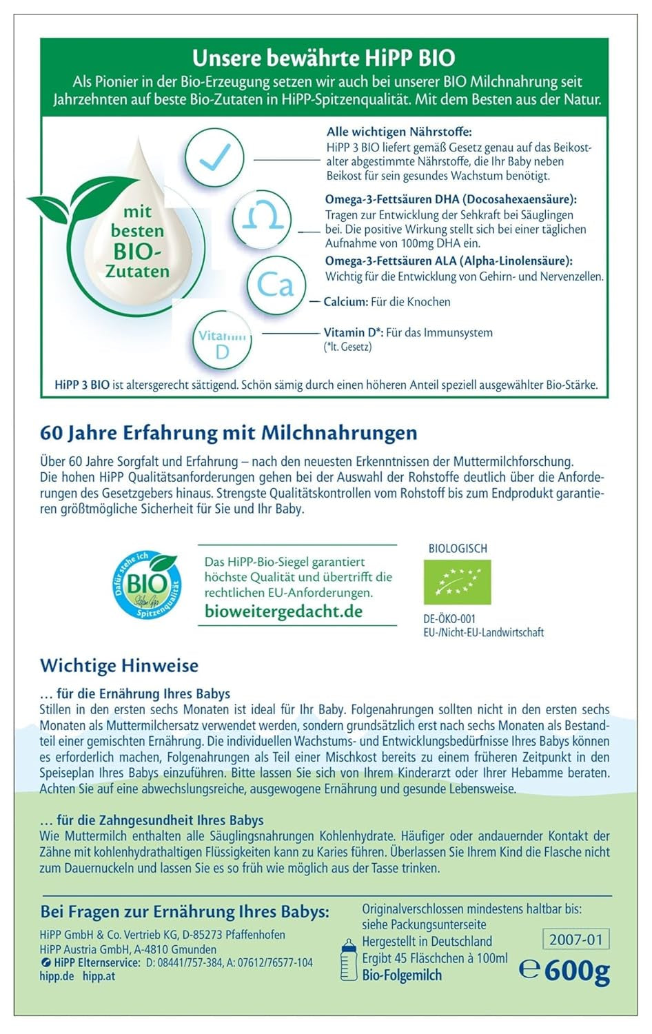 HiPP 3 Økologisk tilskudsmælk (4 x 600g) - efter 10 måneder, med Omega-3 (DHA, ALA), Calcium, Vitamin D, af bedste økologiske kvalitet