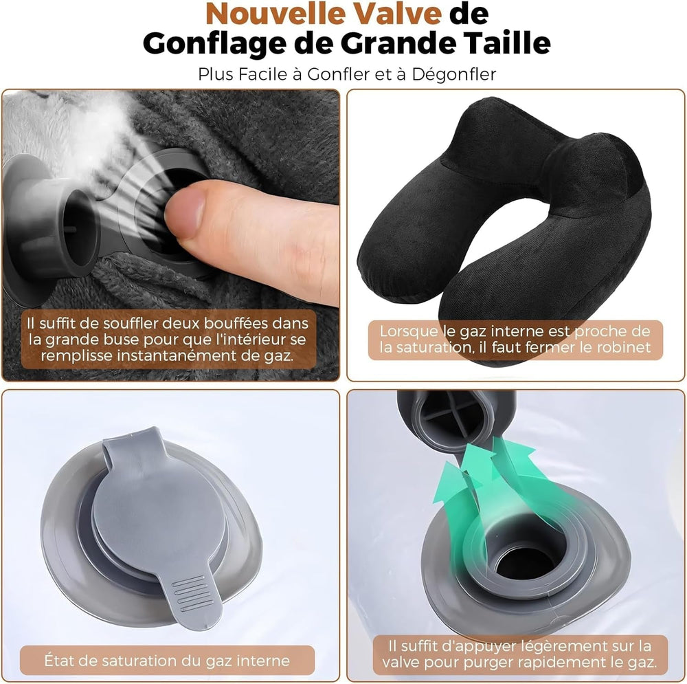 Pernă de călătorie gonflabilă, pernă de călătorie cu mască de somn + dopuri pentru urechi + sac de transport, super ușor și portabil, ideal pentru avion, mașină, casă, birou, negru Perne calatorie Naty Shop