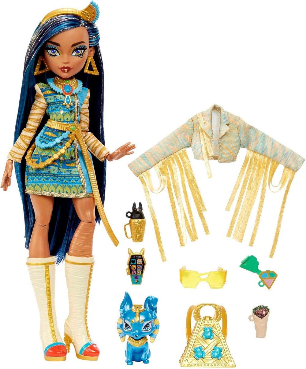 Monster High Cleo De Nile Dukke i guldbluse og lagdelt nederdel, Inkluderer Cobra Hissette Pet og tilbehør såsom rygsæk, snack og papirrulle, HXH74 Naty Shop Dolls Mummy Fashion Doll