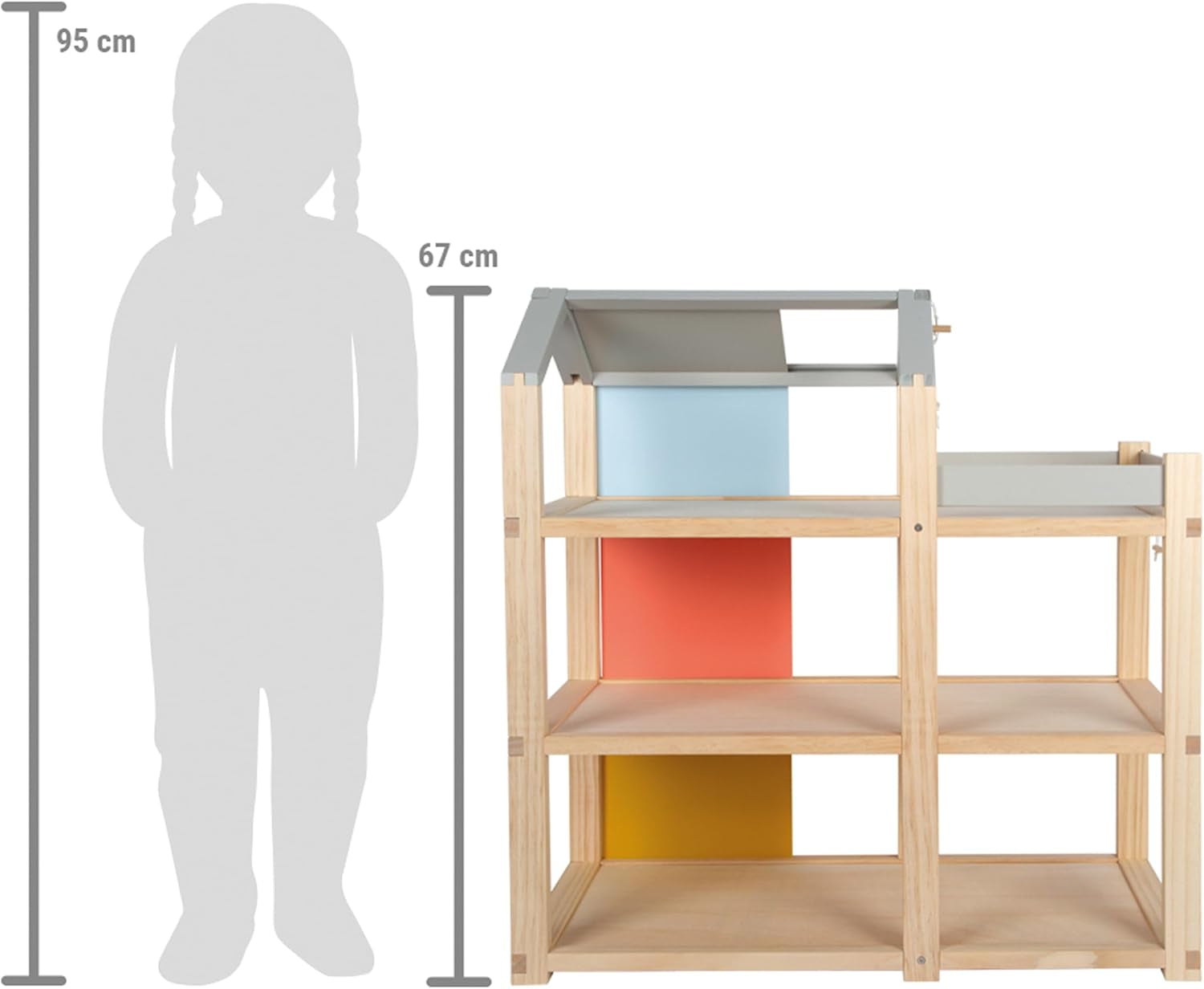 Lille fod, naturlig farve trædukkehus - 3-etagers med tagterrasse og 51-delt møbelsæt tilskynder til kreativ leg, velegnet til alderen 3+ 12541 Naty Shop dukkehuse