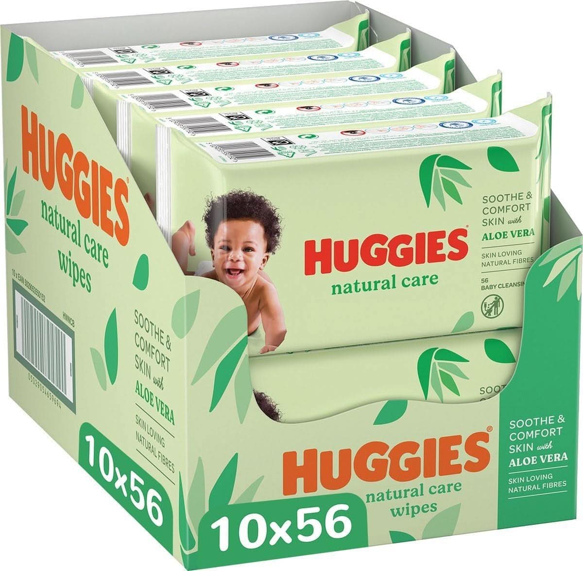 Huggies® Natural Care Baby Wipes, 10 x 56 Wipes, lavet af hudplejefibre til sund hud, beriget med Aloe Vera Baby Wet Wipes Naty Shop