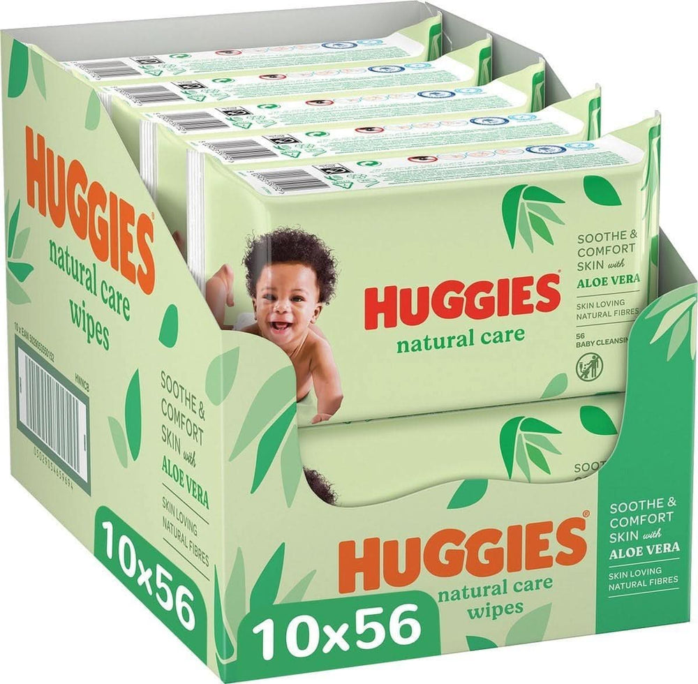 Huggies® Natural Care Baby Wipes, 10 x 56 Wipes, lavet af hudplejefibre til sund hud, beriget med Aloe Vera Baby Wet Wipes Naty Shop