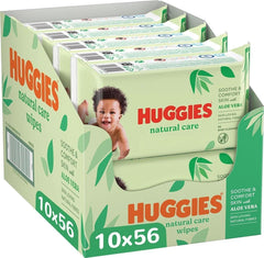 Huggies® Natural Care Baby Wipes, 10 x 56 Wipes, lavet af hudplejefibre til sund hud, beriget med Aloe Vera Baby Wet Wipes Naty Shop