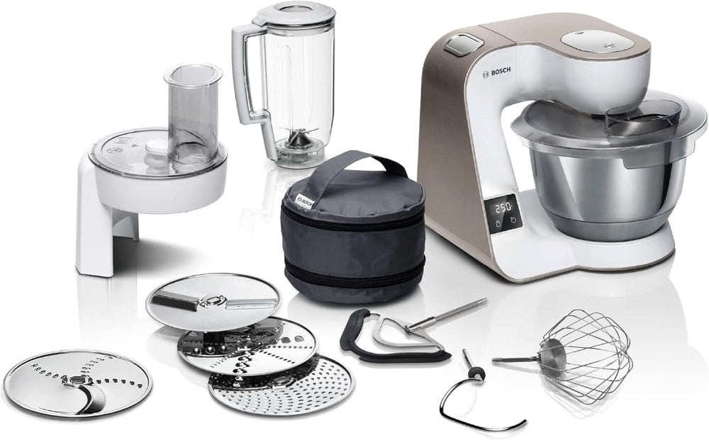 Foodprocessor Bosch Series 4 MUM5X720, integreret vægt, skål i rustfrit stål 3,9L, røremaskine 1,25L, 1000W Tilbehør Mad og amning Bebe Naty Shop Integreret vægt Hvid 2 tilbehør