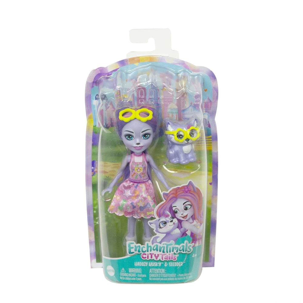 Enchantimals HHB90 - Păpușa Hadley Husky (aprox. 15 cm) și Figurină Animal Câine de Sanie, păpușă mică cu fustă detașabilă și accesorii, cadou excelent pentru copiii cu vârsta de 4 ani și peste
