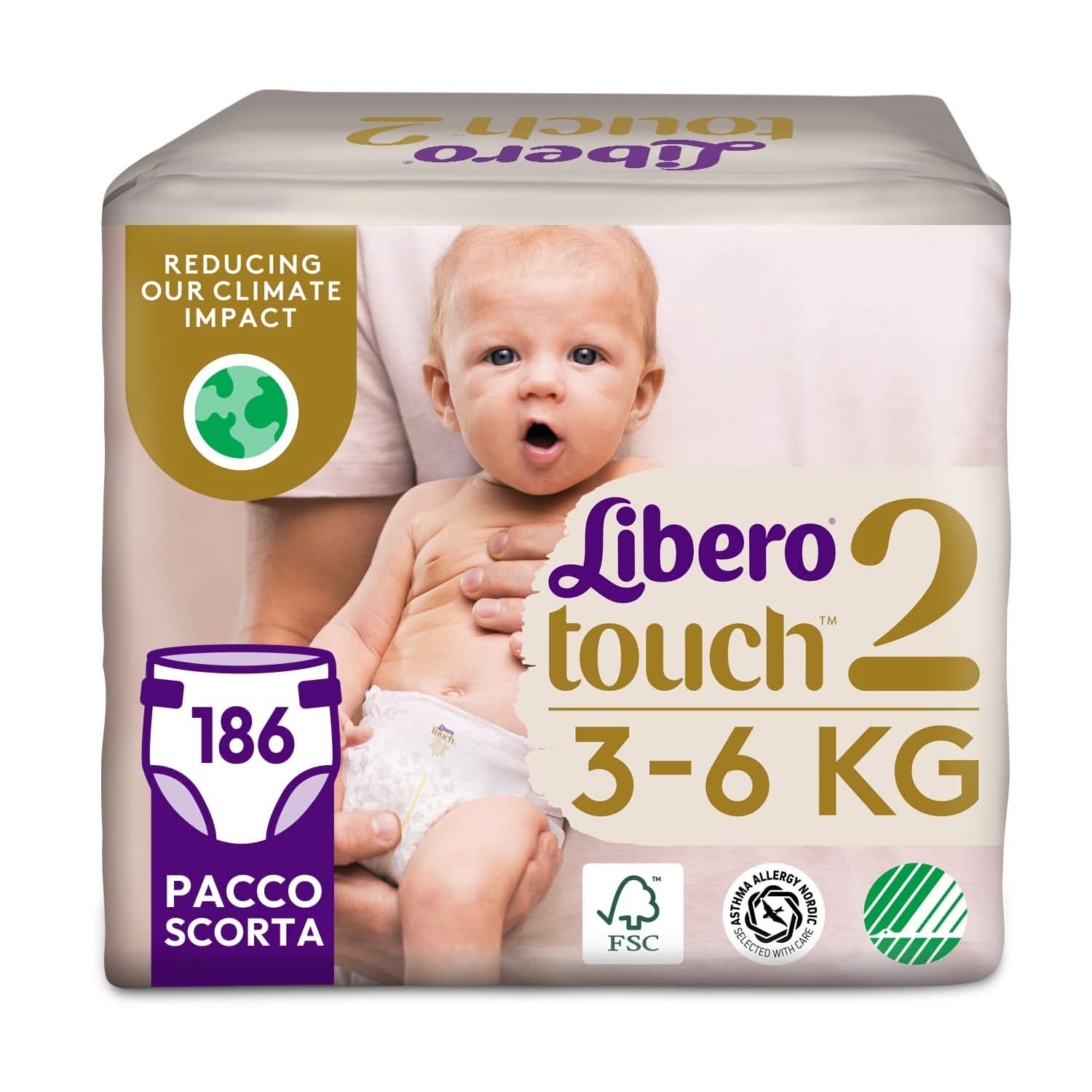 Libero, Touch Open babybleer, 186 bleer størrelse 2 til babyer fra 3-6 kg, 3 pakker med 62 engangsbleer Mor og baby Naty Shop