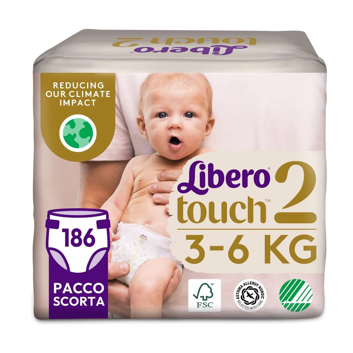 Libero, Touch Open babybleer, 186 bleer størrelse 2 til babyer fra 3-6 kg, 3 pakker med 62 engangsbleer Mor og baby Naty Shop