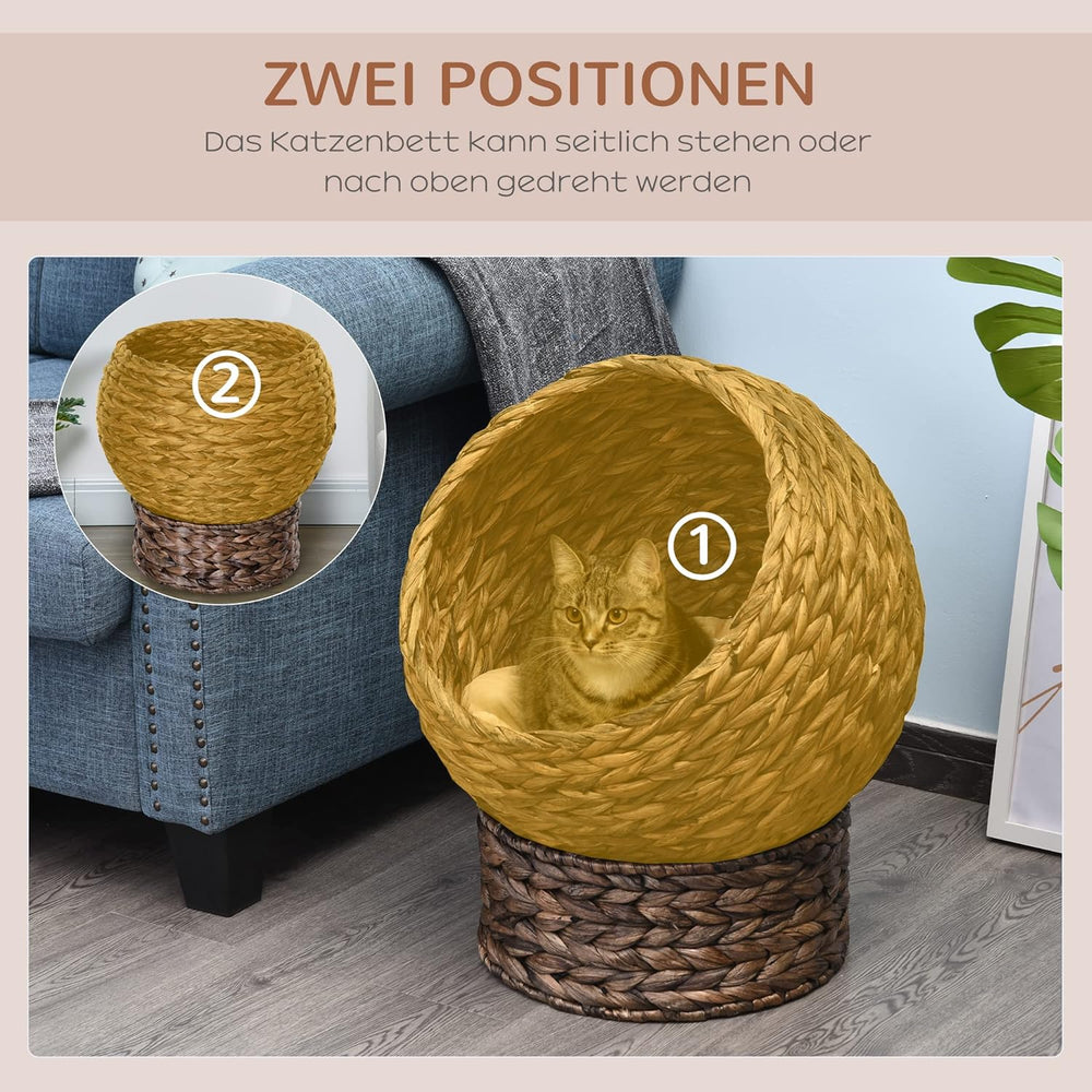 PawHut Rattan Katzenkorb Katzenhöhle Katzenhütte Katzenbett mit Kissen Haustierbett Wasserhyazinthe Kaffee 50 x 42 x 60 cm