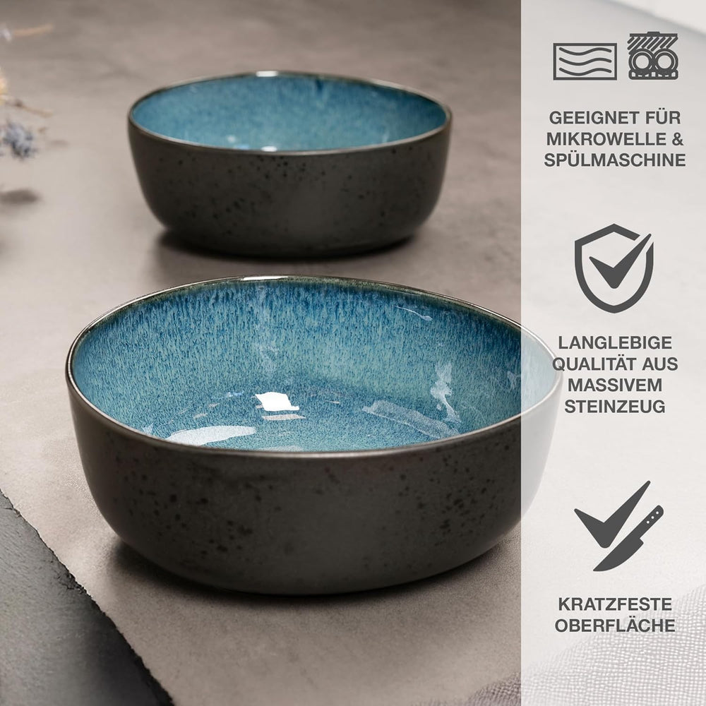 Set de boluri de servire Moritz & Moritz ORGANIC, albastru - 2 boluri mari din gresie de înaltă calitate, moderne și atemporale, potrivite pentru cuptorul cu microunde și mașina de spălat vase - perfecte pentru salate, paste, gustări și multe altele