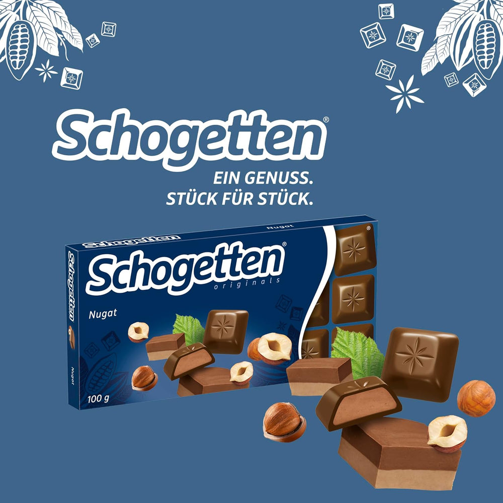 Schogetten Nougat chokoladebar 100g, portionsvis individuelt. En fryd. Stykke for stykke.
