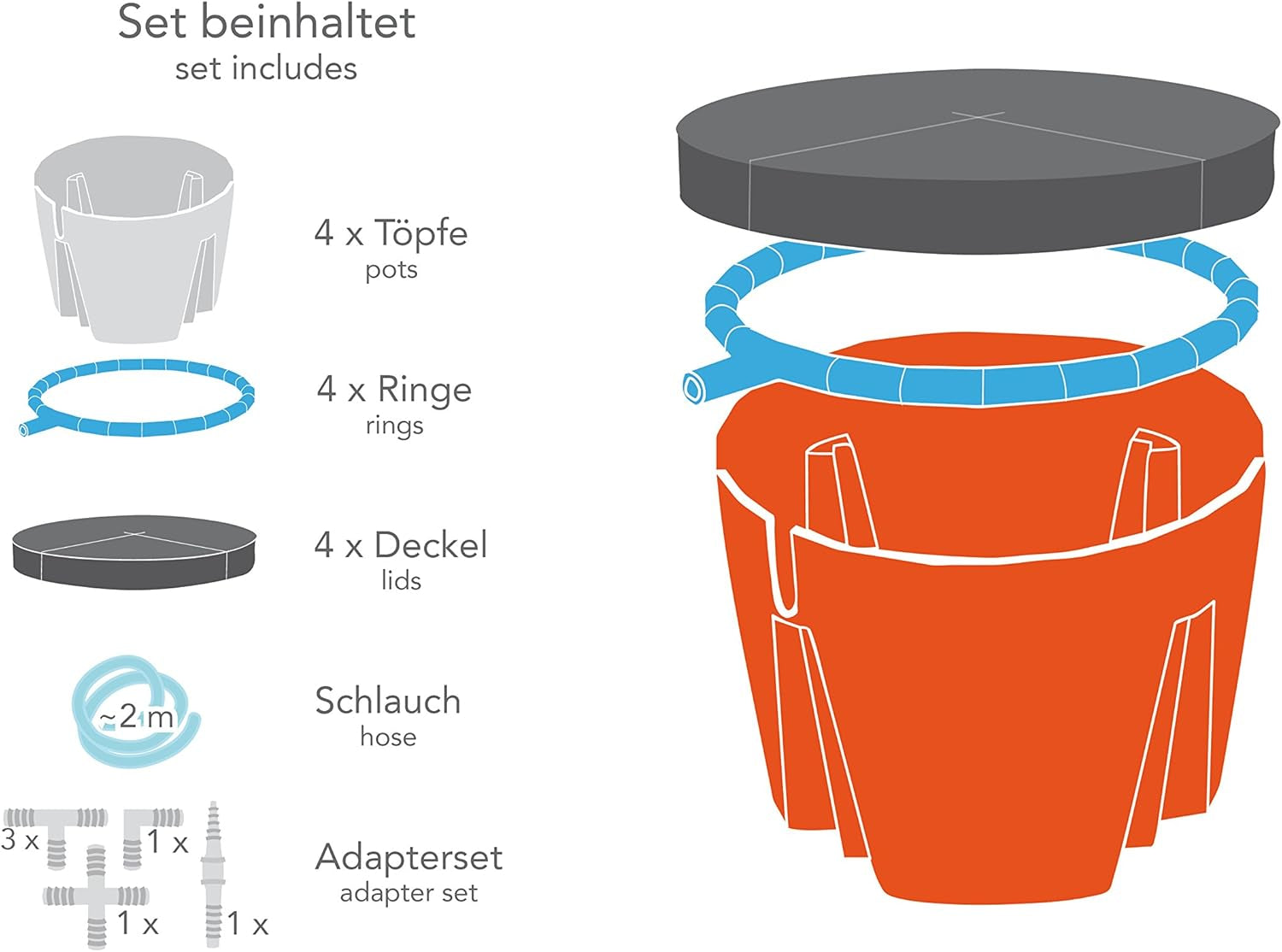 Hydro Farmer, 19-delt pottesæt Ø 18 cm (grøn), vækstsystem inkl. 4 potter, 4 vandingsringe, 4 låg, adaptersæt og 2 m slange, hydroponics, aeroponics