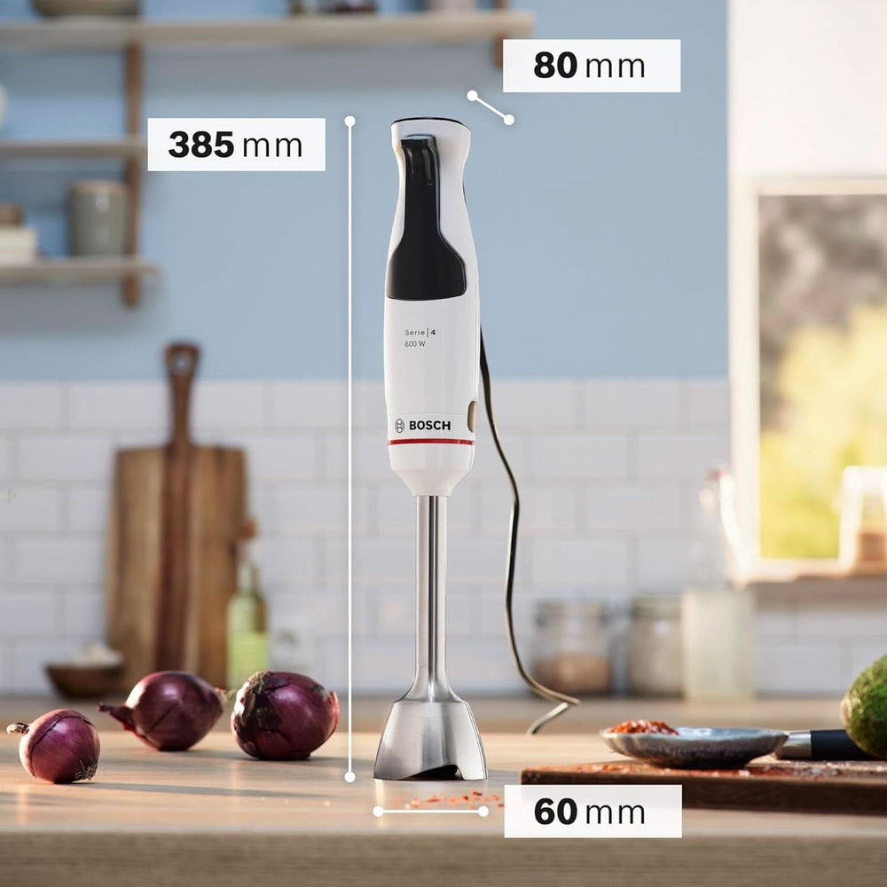 Bosch Stabmixer Ergomaster Serie 4 MSM4W210, Einhändig Bedienbar, Edelstahl-Klingen, Verschleißfreie Keramik-Kupplung, Mixbecher, Quattroblade, Antisplash Funktion, Einschaltsperre, 600 W, Weiß Mother and Child Naty Shop