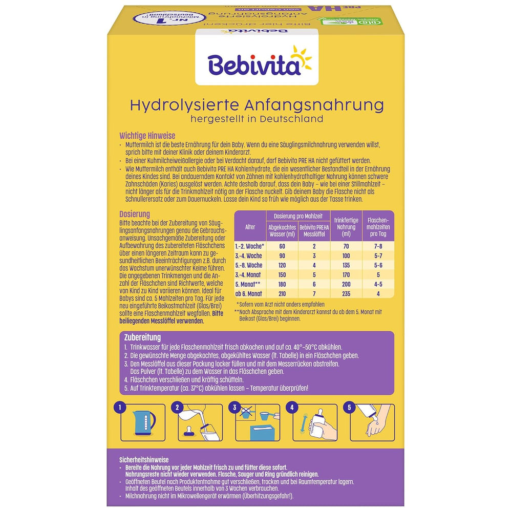 PRE HA (5 x 500 g), hydrolyseret mælkepulverformel fra fødslen, indeholder kun laktose som kulhydrat, velegnet til tilskudsfodring