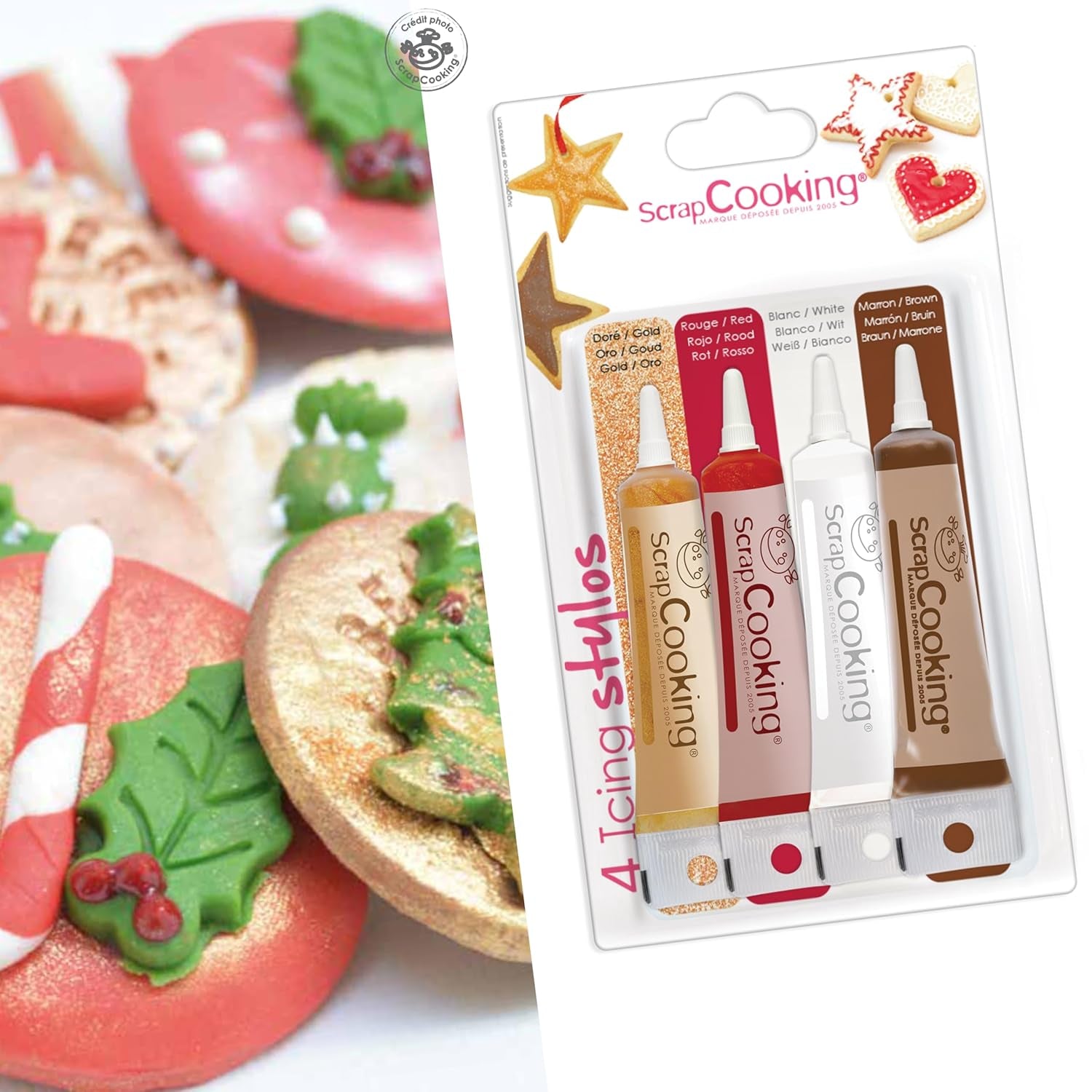 Scrapcooking – 4 markere pentru piese: auriu, ciocolatiu, alb și roșu – pixuri decorative comestibile pentru scris și desenat pe deserturi, prăjituri și biscuiți