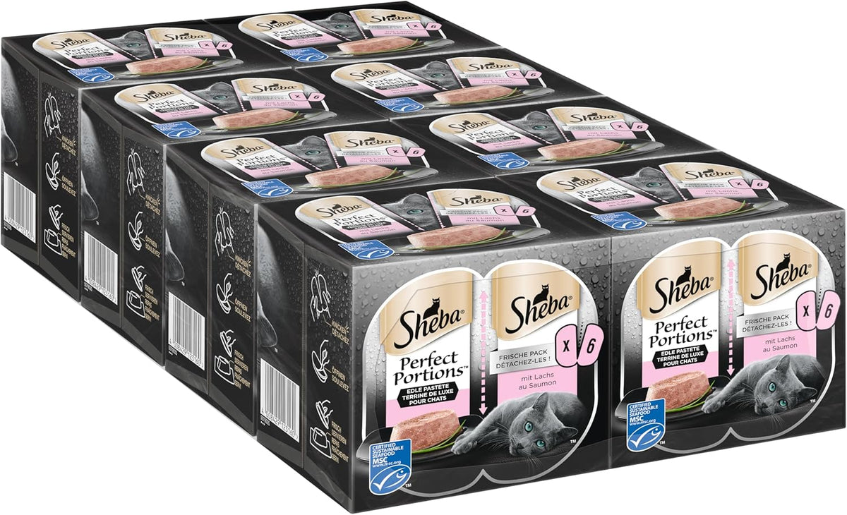 Pateu pentru pisici SHEBA Perfect PORTIONS cu somon, certificat MSC, 8 x 3 x (2 x 37,5g) = 225g (Ambalajul va fi actualizat)
