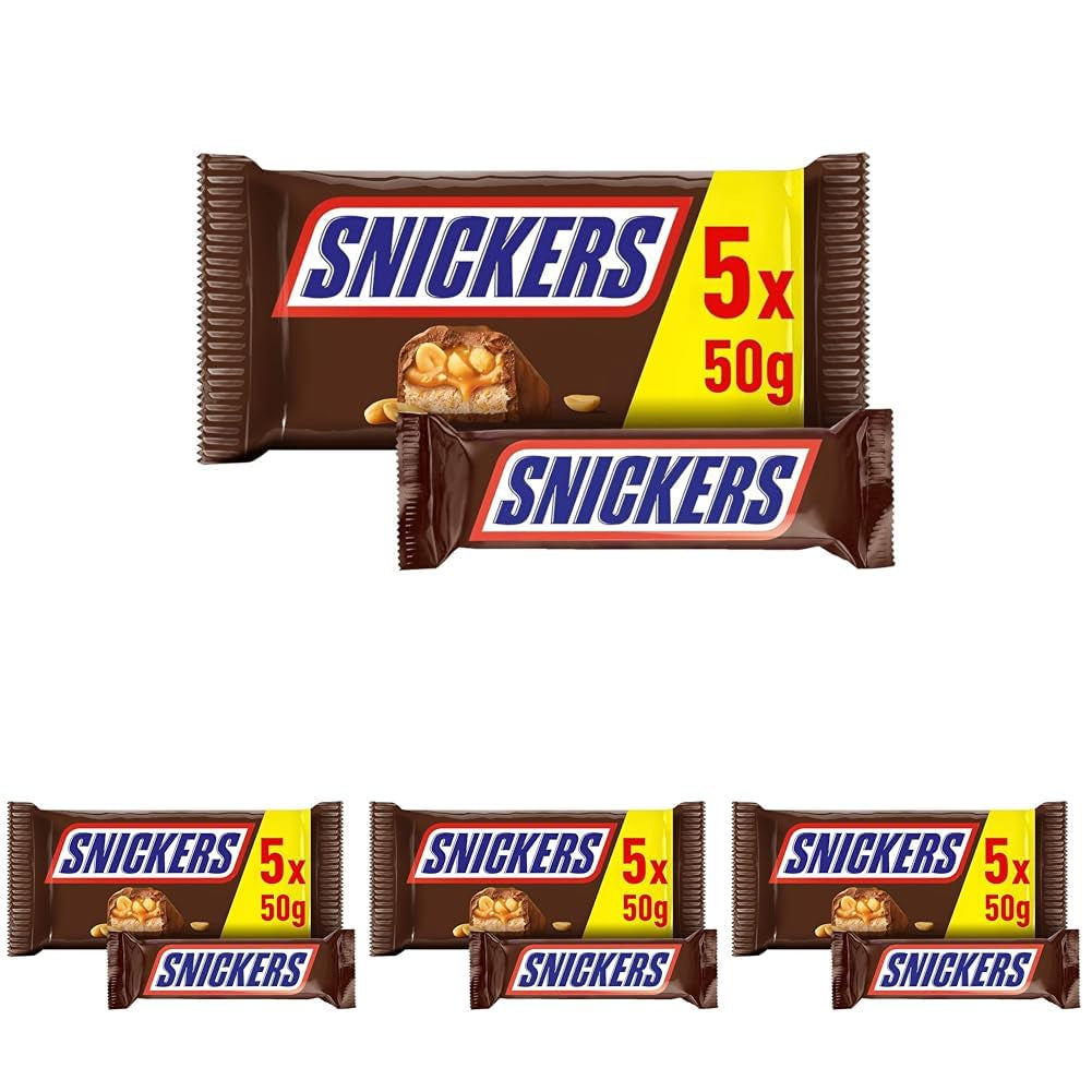 Snickers Chocolate Bar Peanut Caramel 5 Bar Pack | Snack fodbold | (1 x 5 x 50 g)