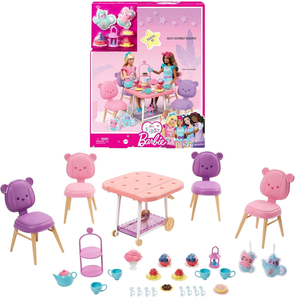 Barbie My First Series, Pat rulant, Pat cu accesorii, Ceas cu alarmă, Ursuleț de pluș, Set negru, Pernă, Păpușă, Cadou pentru copii, Jucării de la 3 ani,Hmm64 Papusi Naty Shop Set de joacă pentru petrecerea ceaiului