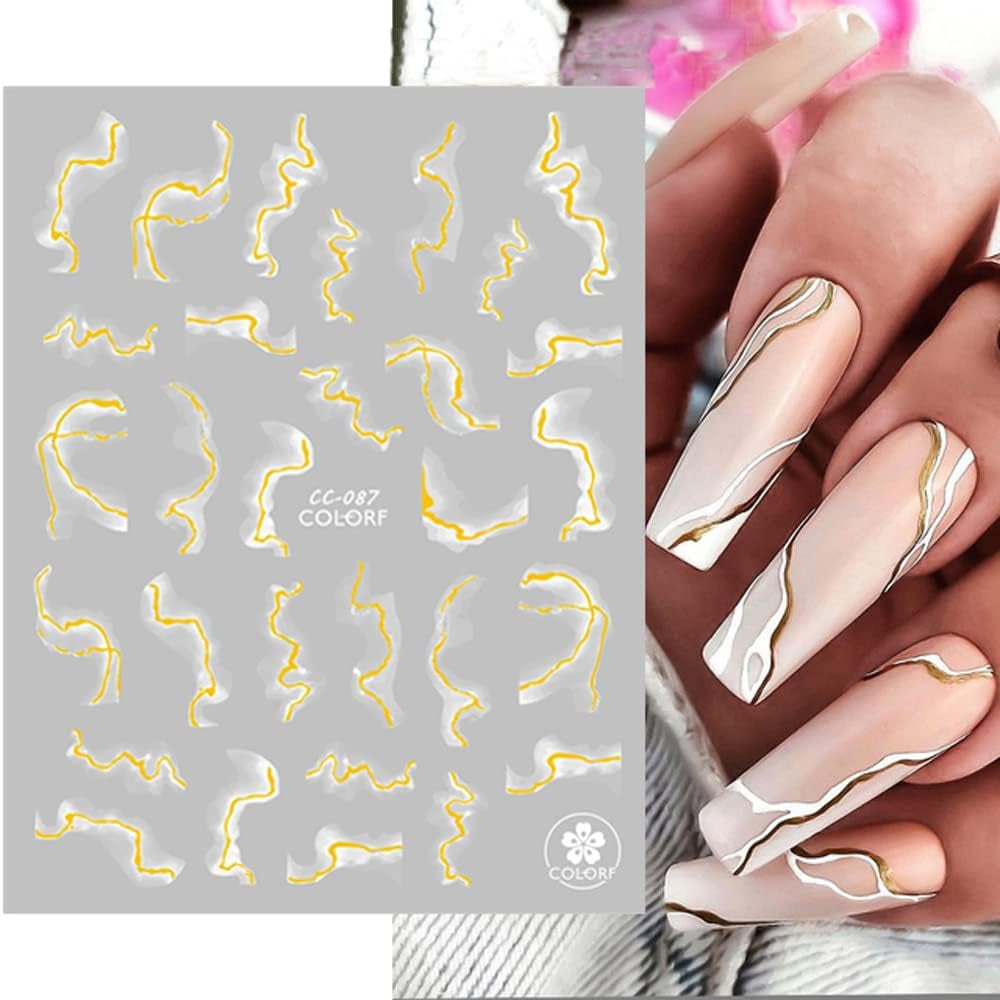 9 Blatt Nagelsticker Französischer Spitzenmarmor Nagelaufkleber Selbstklebend Weißes Gold Nail Art Sticker Dekoration Nageldesign Zubehör