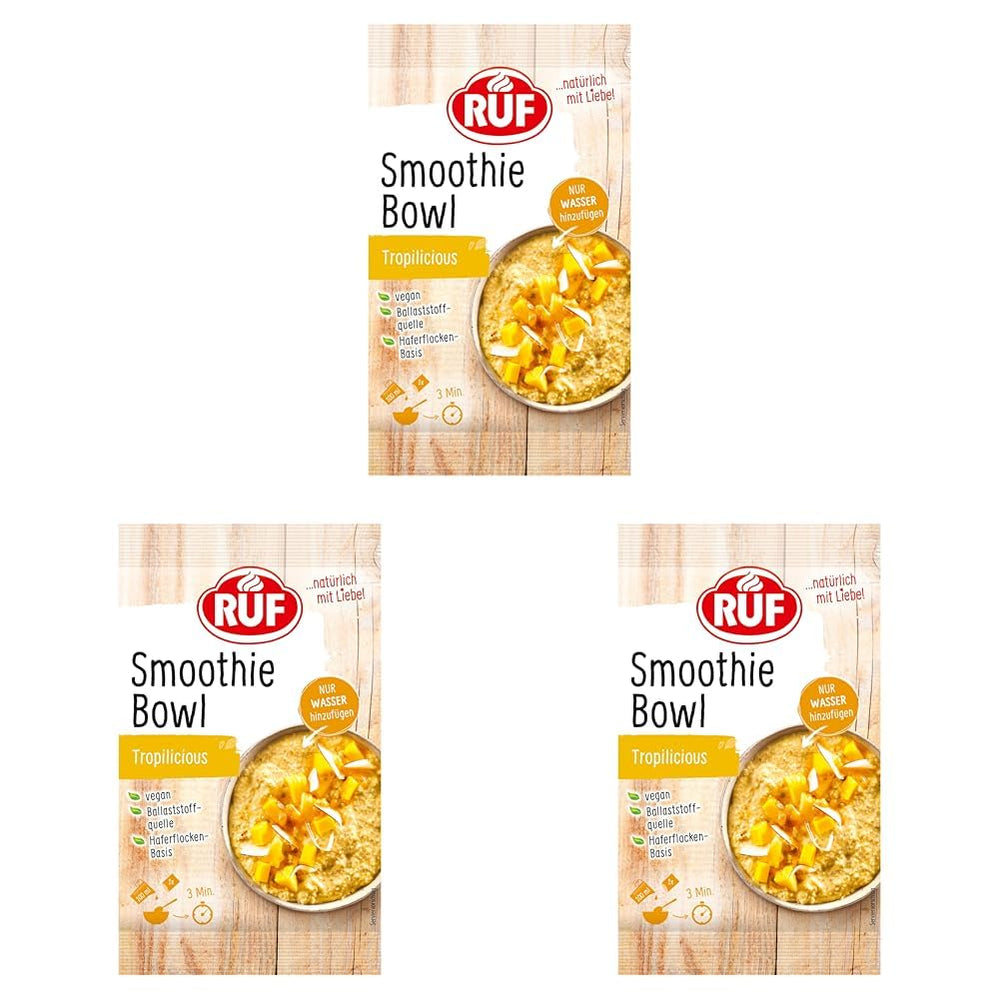 RUF Smoothie Bowl Tropilicious Mango Passionsfrugt Havre Morgenmad Snack Hurtig og nem Vegansk 1 pose x 50 g (pakke med 3)