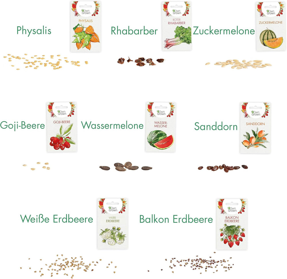 Frugtfrøsæt: Premium havefrø med 8 varianter af frugtplanter til have og balkon - Vandmelonfrø, jordbærfrø, stikkelsbær, rabarber og mere - Frugtfrøgavesæt fra OwnGrown