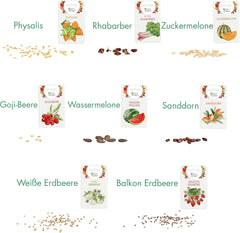 Frugtfrøsæt: Premium havefrø med 8 varianter af frugtplanter til have og balkon - Vandmelonfrø, jordbærfrø, stikkelsbær, rabarber og mere - Frugtfrøgavesæt fra OwnGrown