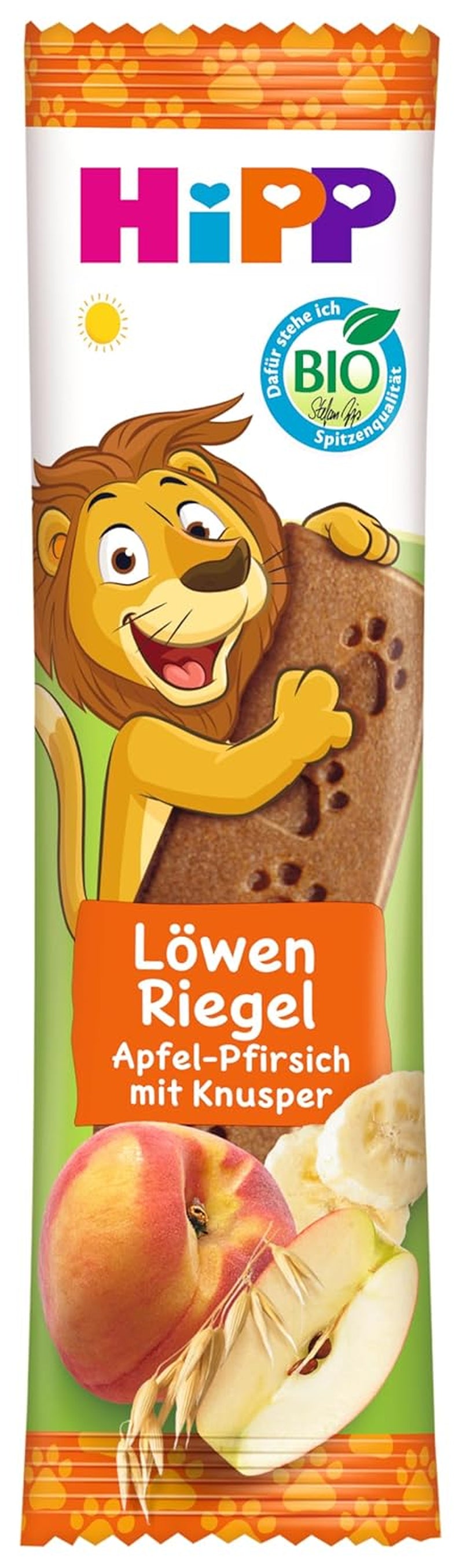 HiPP Lion Müslibarer med knasende havre og æble og fersken (24 x 20 g), fra 1 år, kun sødet med frugt, af bedste økologiske kvalitet