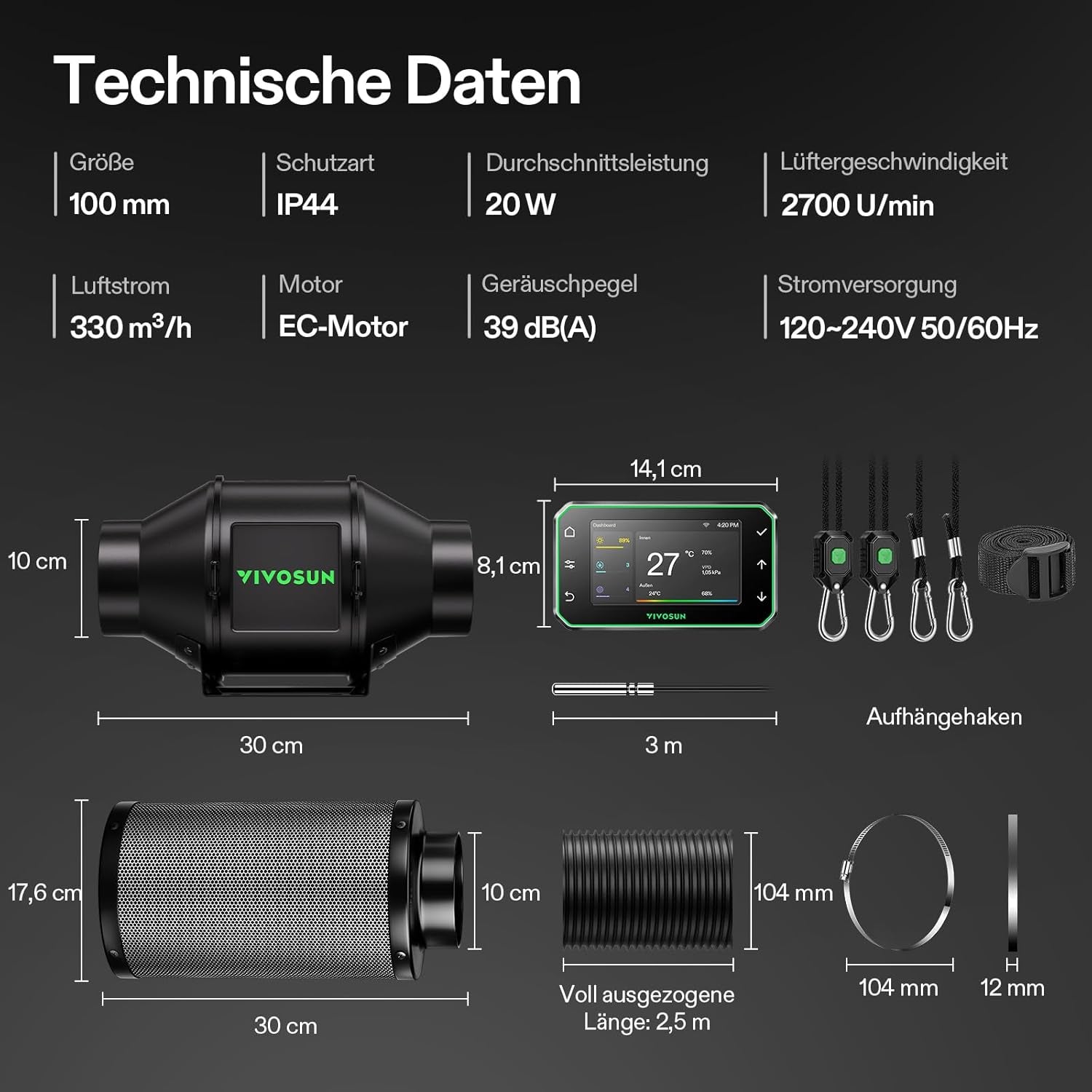 VIVOSUN 100 mm AeroZesh G4 Smart Inline blæser/udstødningssæt med GrowHub E42A+, temperatur- og fugtighedskontrol, WiFi/app fjernbetjening, aktivt kulfilter og slange til væksttelte og hydroponics