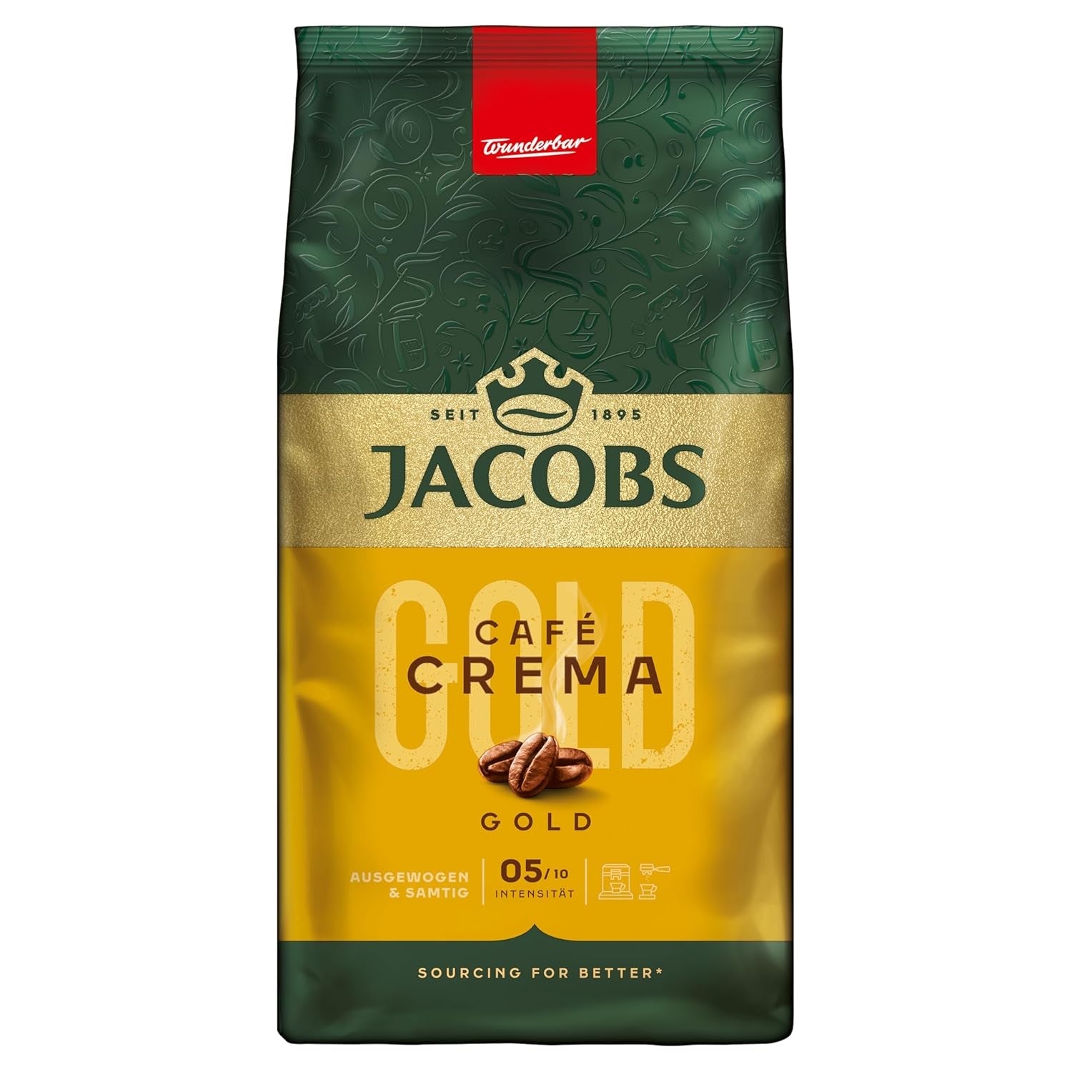 Jacobs Café Crema Gold Kaffeebohnen 1Kg – Vollmundig, Aromatisch, Fruchtige Noter, Arabica & Robusta Bohnen, Intensität 5/10, Ideel til Café Crema Naty Shop Crema Gold 1 Kg