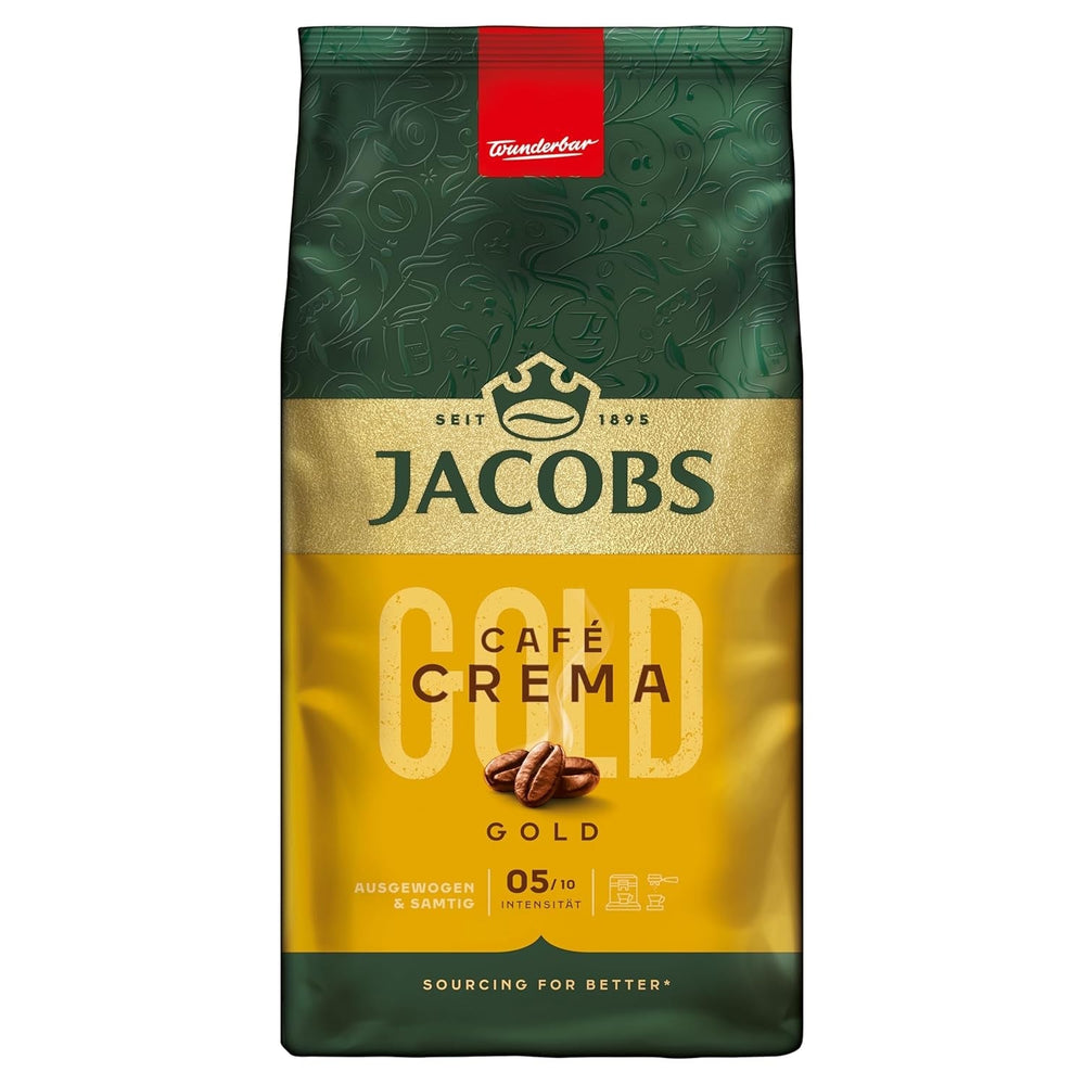 Jacobs Café Crema Gold Kaffeebohnen 1Kg – Vollmundig, Aromatisch, Fruchtige Noter, Arabica & Robusta Bohnen, Intensität 5/10, Ideel til Café Crema Naty Shop Crema Gold 1 Kg