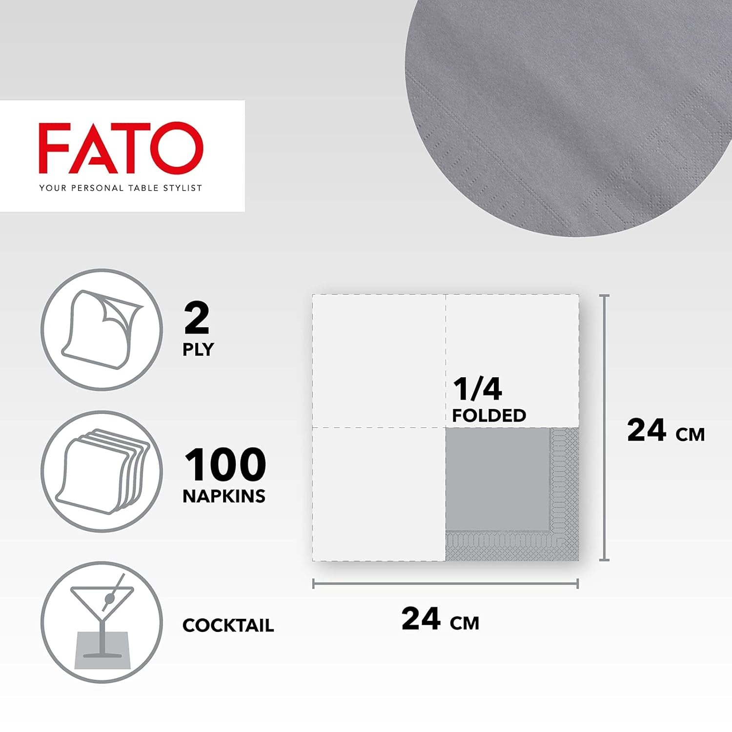 - Șervețele de hârtie de unică folosință, Ideale pentru aperitive și cocktailuri, Pachet de 100 șervețele, Dimensiune 24X24, Pliate 4 ori, 2 straturi, Culoare gri, 100% hârtie din celuloză pură, Certificat Fsc