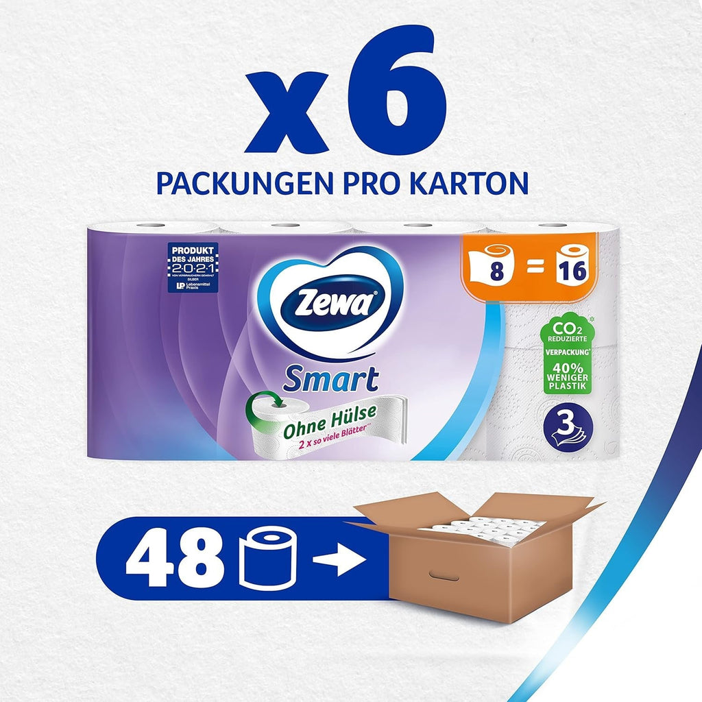 Hârtie igienică Zewa Smart fără manșon, pachet vrac cu 48 de role (6 X 8 X 300 coli)