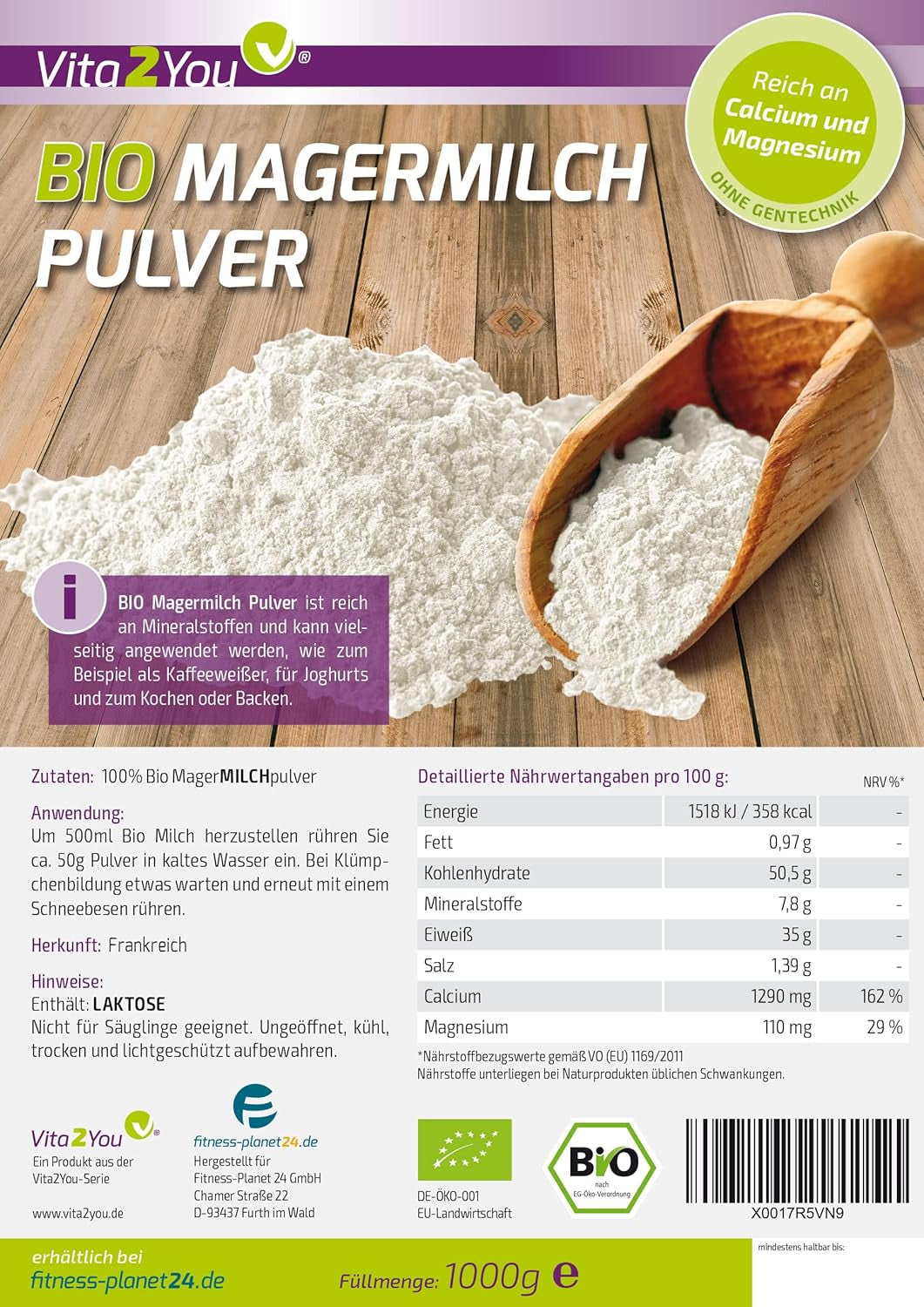 Vita2You Bio Skummetmælkspulver 1000g - 100% Bio Qualität - til bagning - Kaffeeweißer - Milchpulver für Joghurts - 1 kg - Premium Qualität