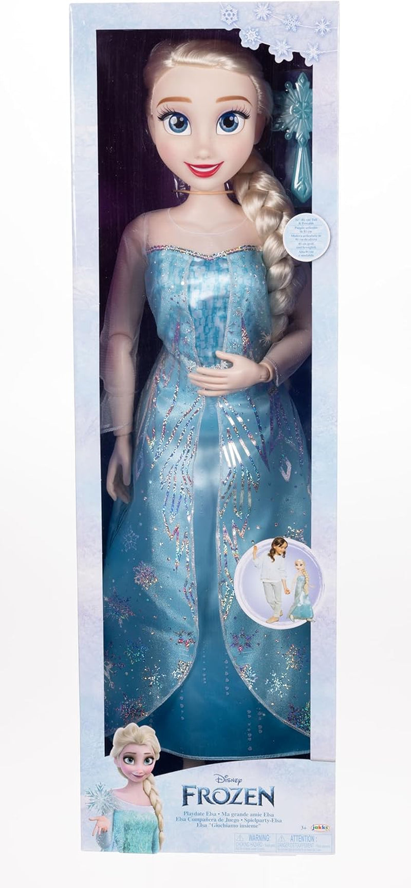 Păpușa uriașă Disney Frozen Playdate Elsa, 80 cm, de Jakks Pacific, păpușă complet articulată cu 11 puncte de articulație, inclusiv perie de păr și accesorii