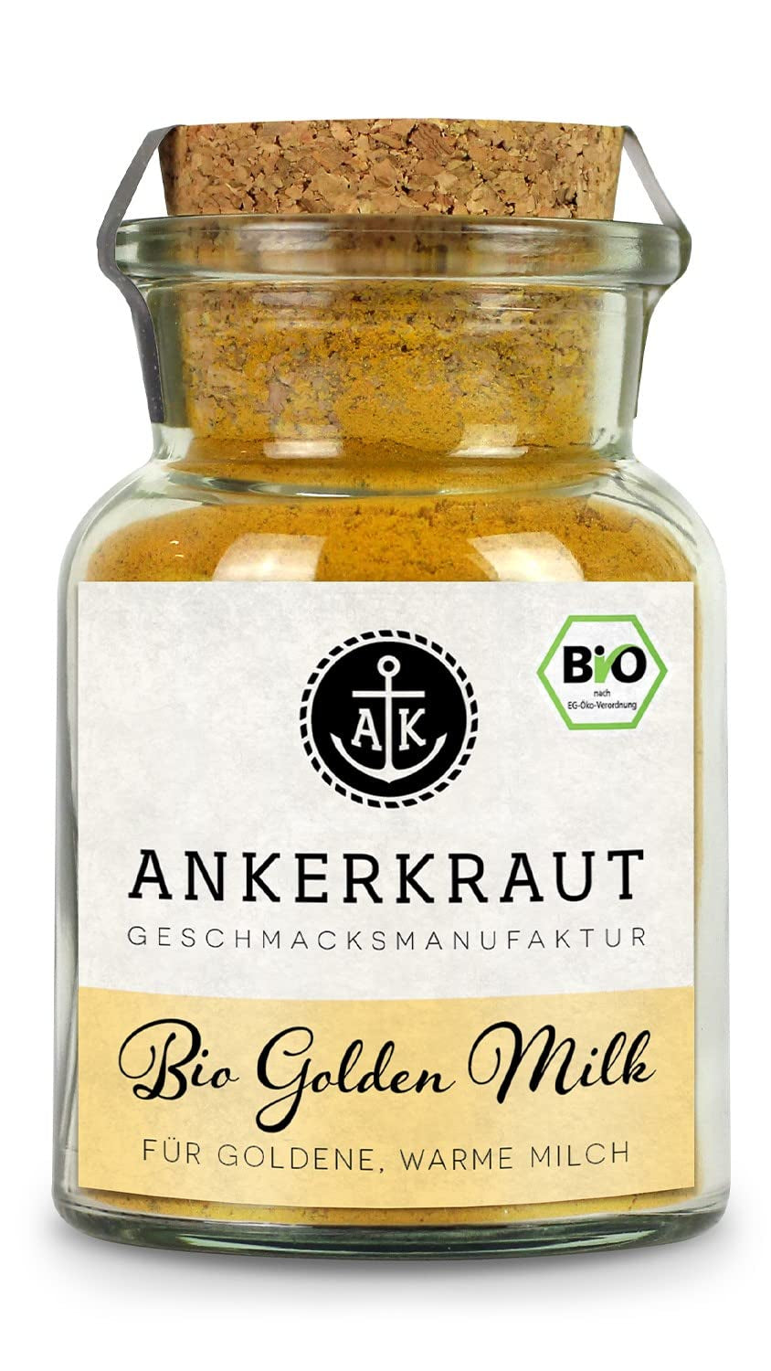 Ankerkraut Bio Golden Milk, Gewürz für goldene Milch, med gurkemeje, Zimt og Ingwer, 75 g i et korkglas