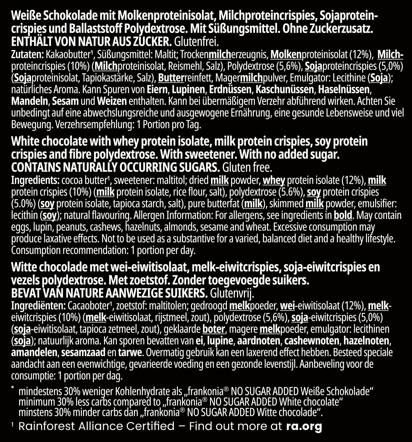 frankonia CHOCOLAT POWER MOTION uden tilsat sukker - Sprød hvid chokolade med højt protein- og lavt kulhydratindhold, 90 g