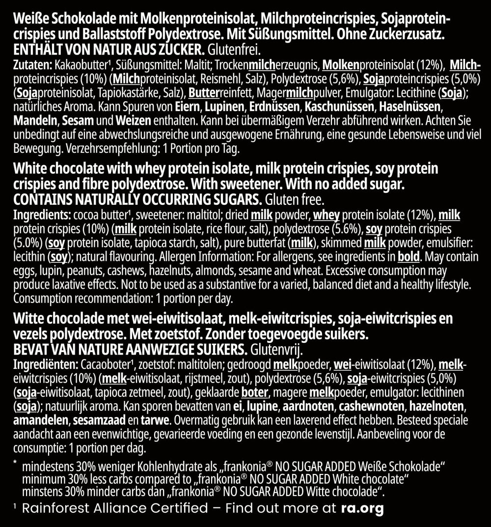 frankonia CHOCOLAT POWER MOTION uden tilsat sukker - Sprød hvid chokolade med højt protein- og lavt kulhydratindhold, 90 g