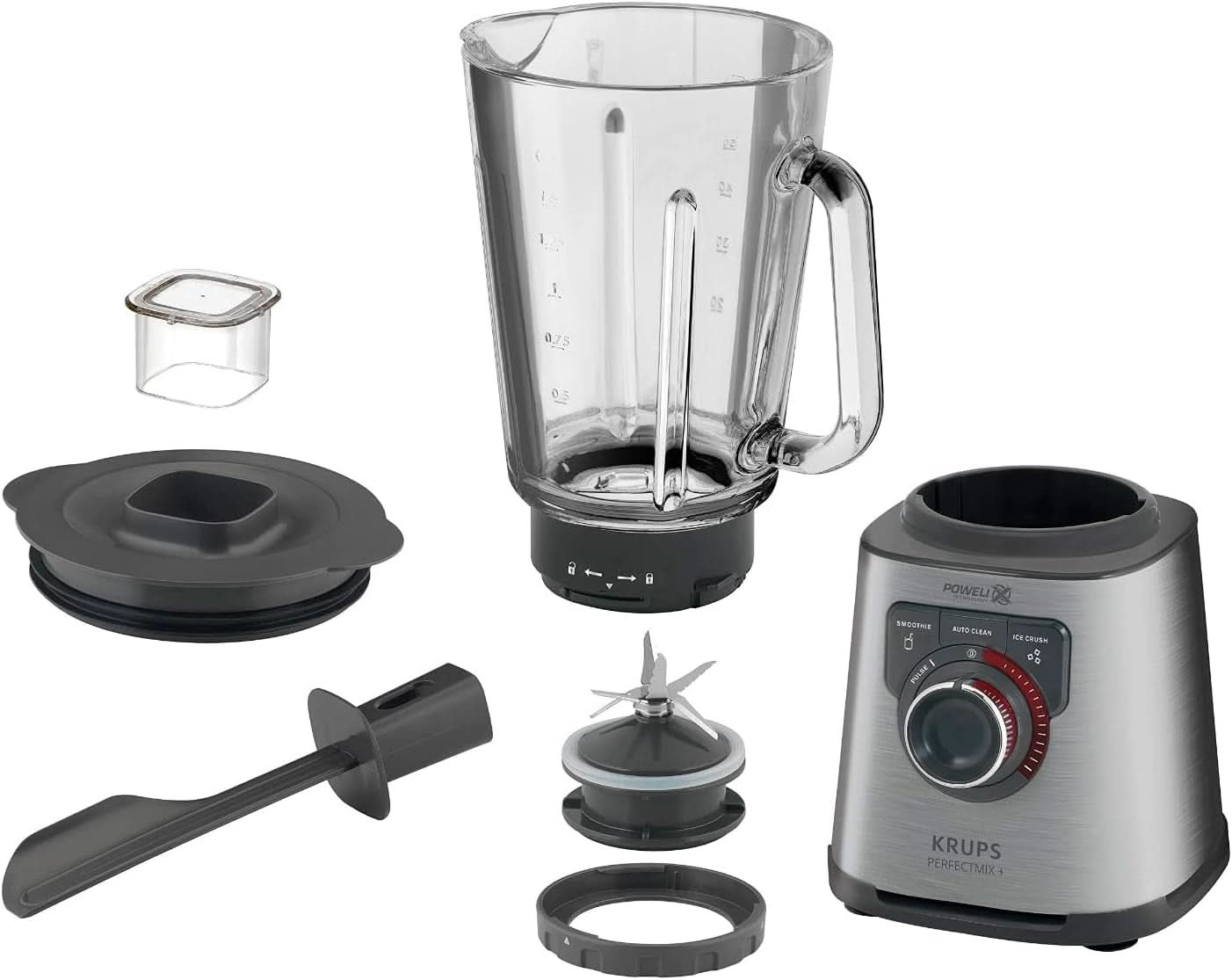 Krups KB403D Perfectmix + Hochleistungsstandmixer | 1.200W | 28.000 RPM | 2L glasbeholdere | 3 forudindstillede programmer | Powelix- Technologie | Edelstahl/Dunkelgrau Køkken Naty Shop