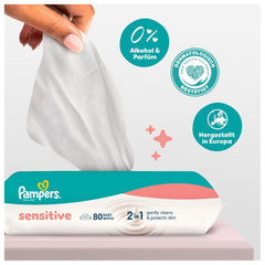 Pampers Sensitive Wet Wipes, 6 pakker á 80 servietter = 480 servietter, uparfumerede, til skånsom, skånsom rengøring