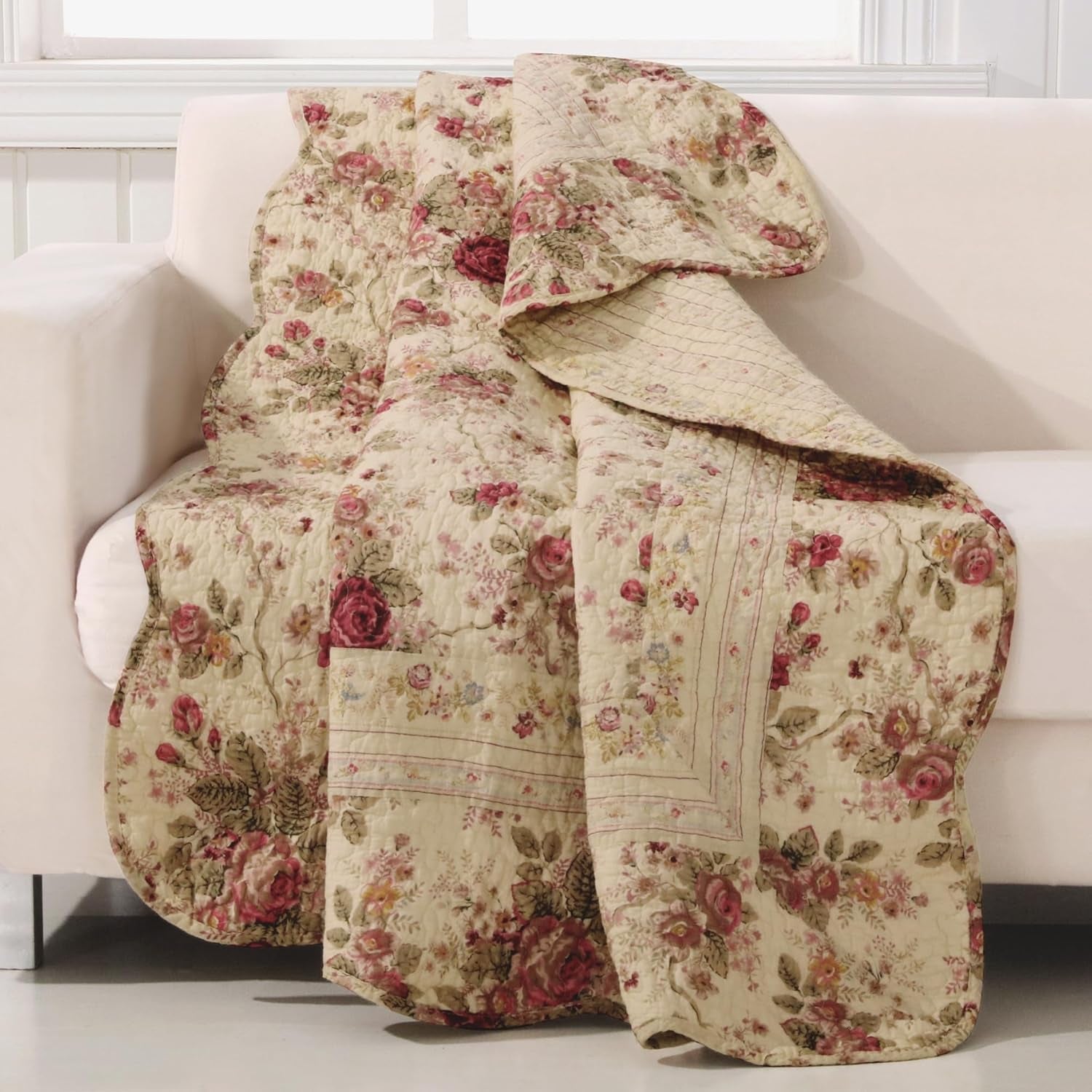 Greenland Home Antique Rose - klassisk, traditionelt blomstermønster - 100% bomuld, quiltet, tæppe, 127 X 152,4 cm, ecru Senge og betræk Greenland Home Fashions