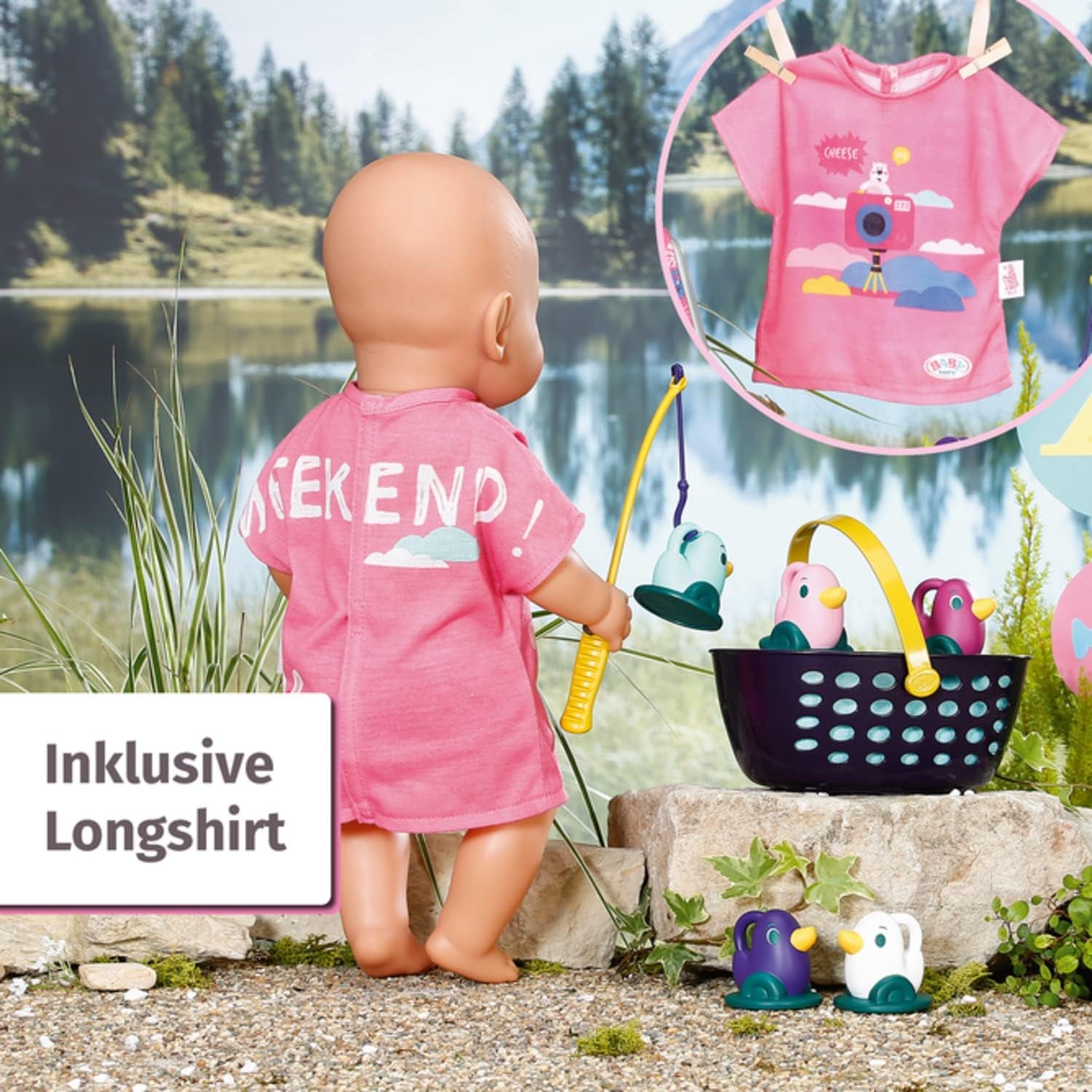 BABY born 832790 Weekend Fishing - Set de accesorii pentru păpuși pentru pescuit cu șezlong cu imprimeu viu, măsuță laterală, sticlă, coșuleț, rățuște și undiță, precum și cămașă lungă roz, Roz