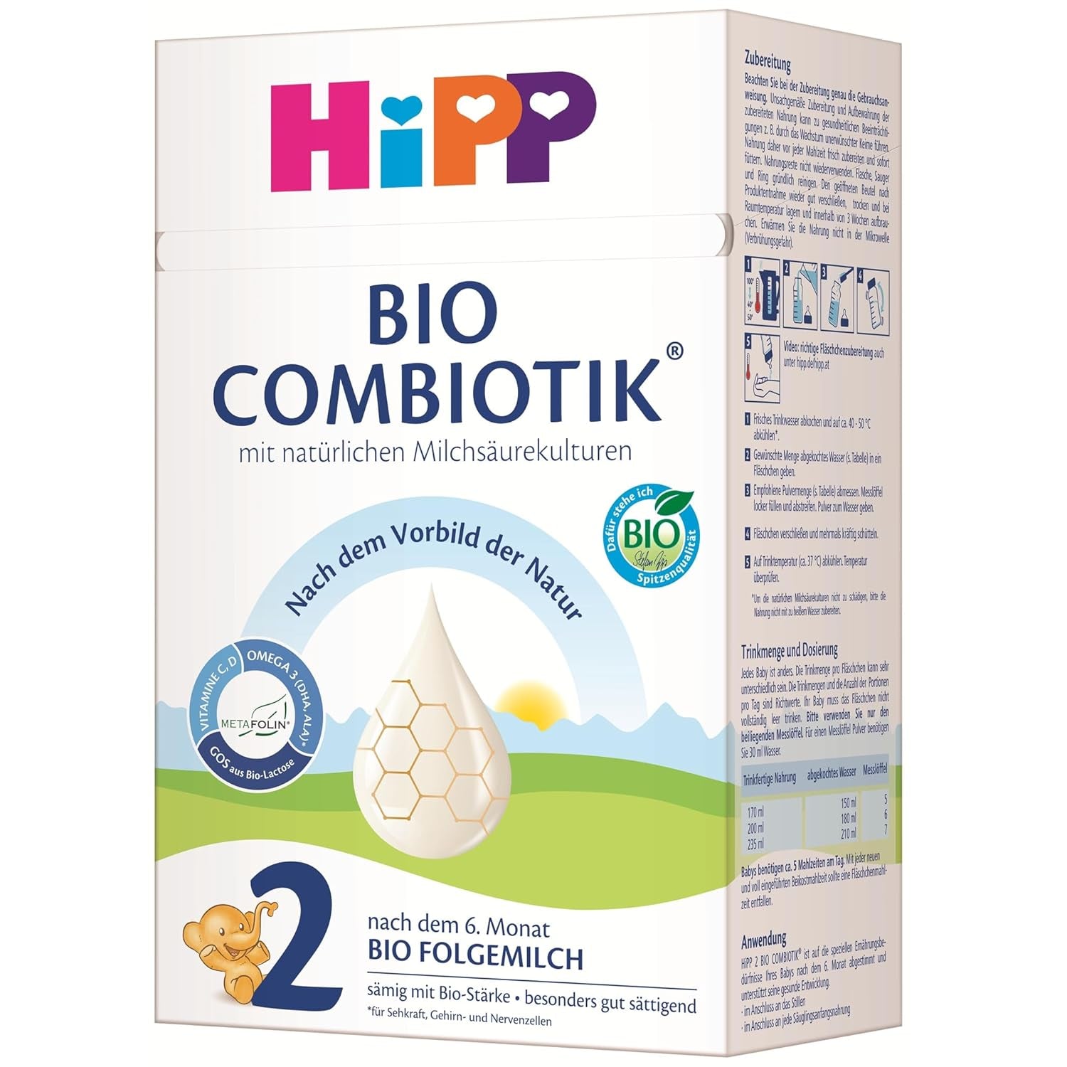 HiPP 2 Økologisk Combiotik (4 x 600 g), tilskudsmælk efter 6 måneder, med stivelse, naturlige kulturer af mælkesyre, GOS, Omega-3 (DHA, ALA), af bedste økologiske kvalitet